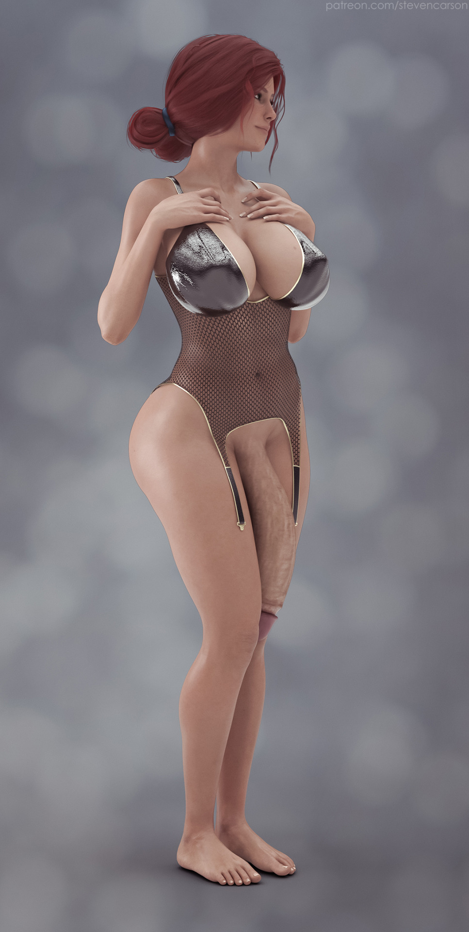 1futa, 3d, barefoot, bottomless, breasts, cd projekt red, cleavage, curvy, erect nipples, feet, flaccid, futa only, futanari, huge breasts, hyper, hyper penis, intersex, nipple bulge, nipples, penis, realistic, red hair, solo, solo futa, stevencarson, the witcher (series), the witcher 3: wild hunt, toes, triss merigold, wide hips