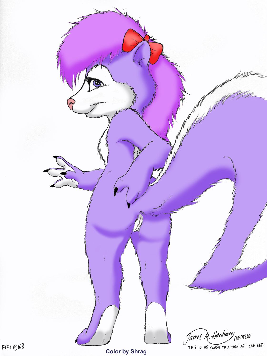 anthro ass bow_tie breasts claws colored cute eyelashes female fifi_la_fume fingers fluffy_tail fur furry hair hand_on_ass hindpaw james_m_hardiman looking_at_viewer looking_back mammal nude paws pink_nose plain_background presenting purple_eyes purple_fur purple_hair pussy raised_tail shrag sideboob skunk smile solo tiny_toon_adventures tiny_toons warner_brothers