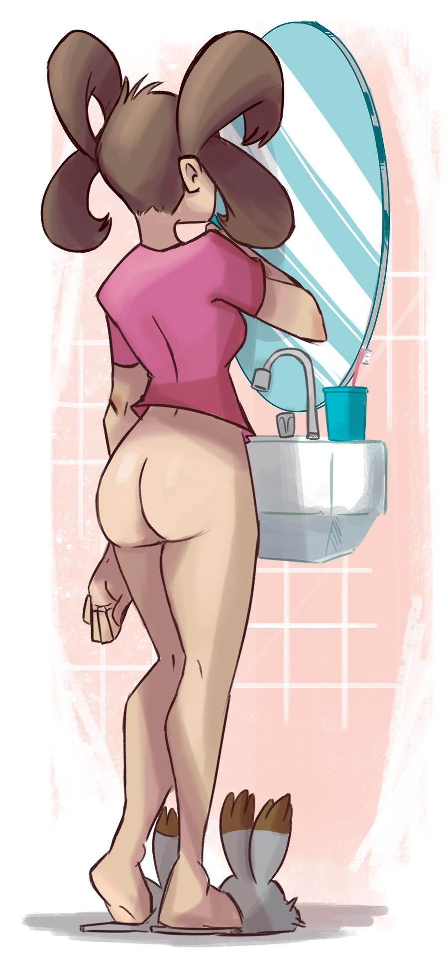 ass, back view, bad id, bathroom, bottomless, brown hair, female, human only, mirror, nintendo, pokemon, pokemon xy, shauna (pokemon), sink, slippers, solo, standing, tall image, tile