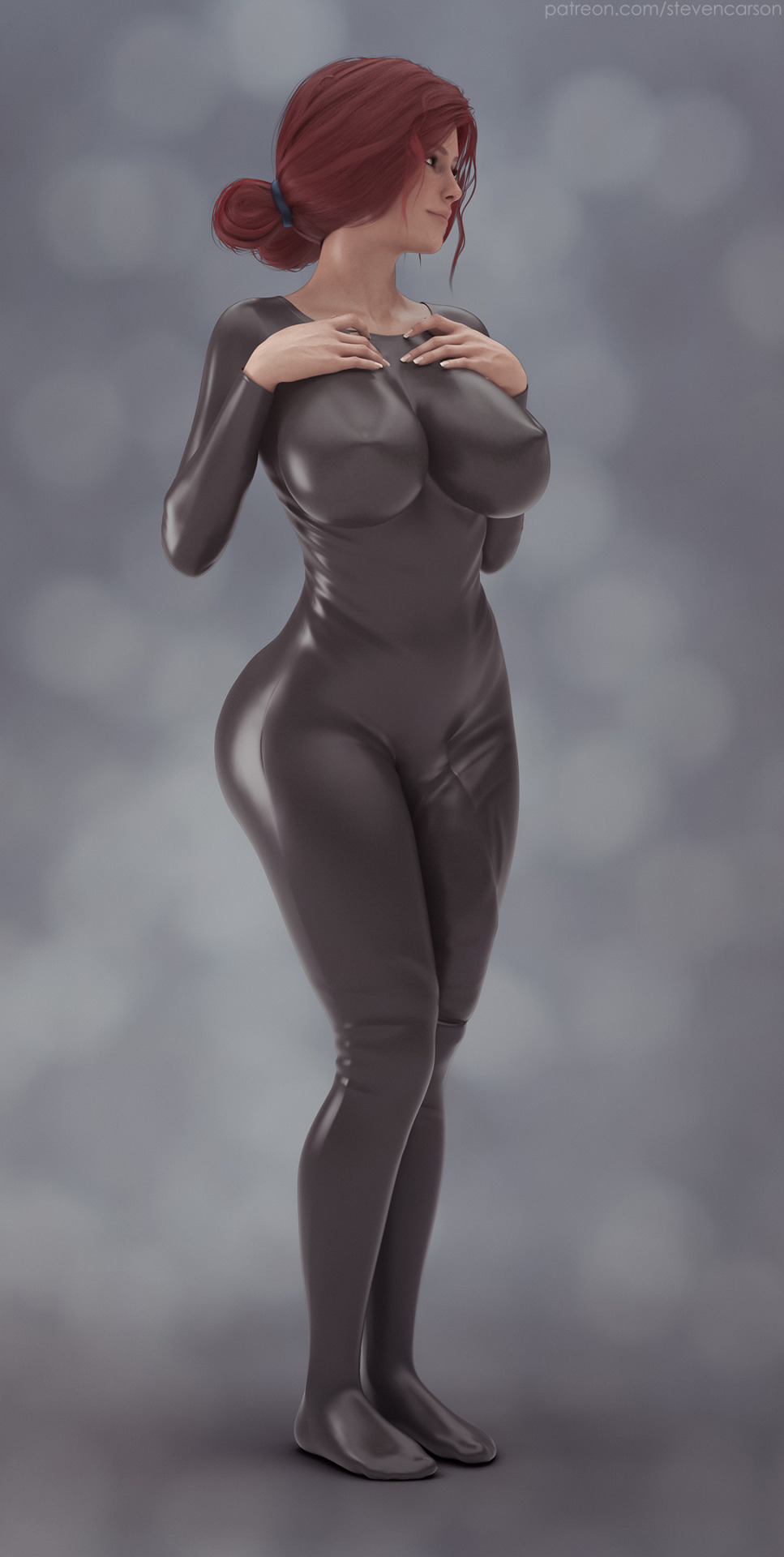 1futa, 3d, balls, balls under clothes, bodysuit, breasts, bulge, cameltail, cd projekt red, cock sleeve (clothes), curvy, erect nipples, flaccid, futa only, futanari, huge breasts, hyper, hyper penis, intersex, nipple bulge, nipples, penis, penis bulge, penis under clothes, realistic, red hair, solo, solo futa, stevencarson, the witcher (series), the witcher 3: wild hunt, triss merigold, wide hips