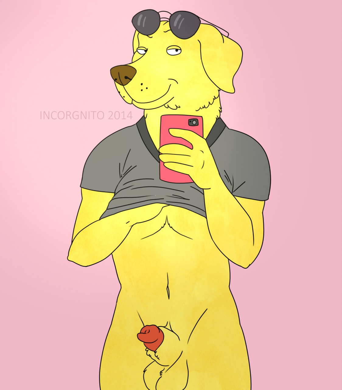 animal_genitalia anthro balls bojack_horseman canine canine_penis fur furry golden_retriever incorgnito male male_only mammal mr._peanutbutter penis phone sheath solo