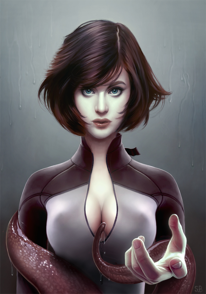 aqua_eyes black_hair bodysuit cleavage grey_bodysuit looking_at_viewer papaninja short_hair simple_background tentacle