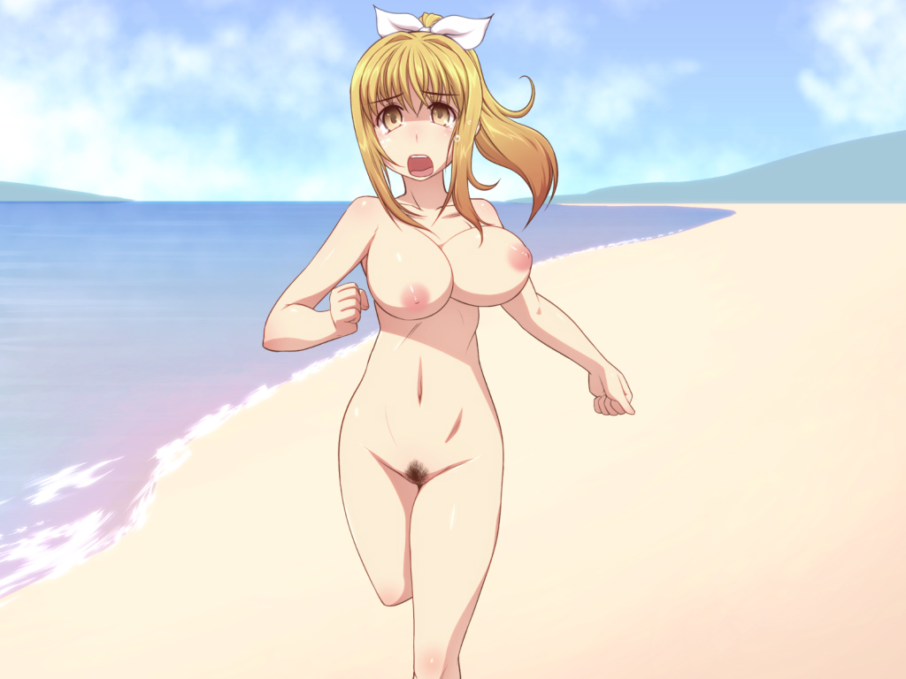 beach blonde_hair blush breasts long_hair marin_(sea_story) navel nipples nude open_mouth outdoors pubic_hair running sea_story shimano_natsume uncensored water yellow_eyes