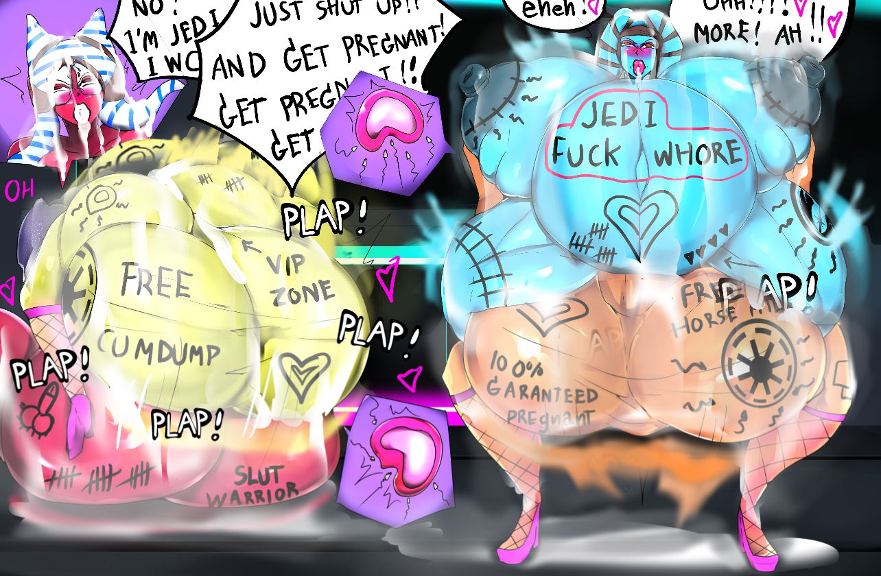 2futas, 2girls, aayla secura, ahsoka tano, annenyan19, ass, balls, barriss offee, big ass, big breasts, blue skin, body writing, breasts, cowgirl position, cum, cum in pussy, english text, female, futa wife, futanari, huge balls, huge breasts, impregnation, inflation, intersex, jedi, mating press, milf, mirialan, orange skin, pregnant, pussy, red skin, shaak ti, star wars, tally marks, text, togruta, twi'lek, yellow skin