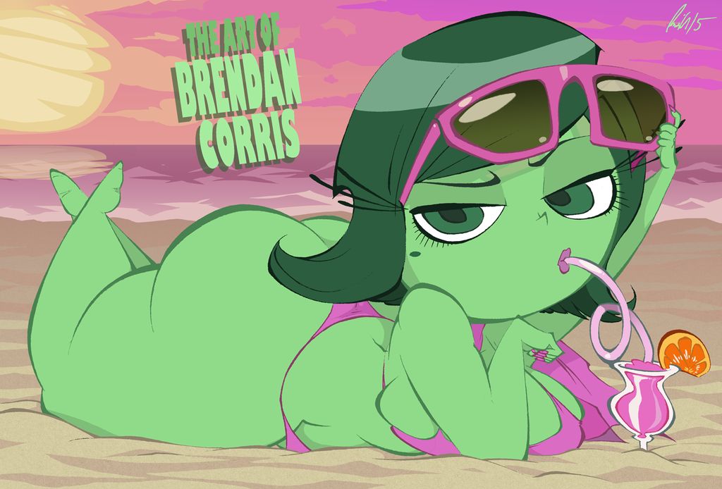 1girls, ass, bcdickchix, bcfuta, big ass, big eyes, bikini, breasts, brendancorris, disgust (inside out), disney, female, female focus, female only, green eyes, green hair, green skin, huge ass, inside out, large ass, looking back, ocean, pink bikini, pixar, solo, sunscreen, tagme, text, thick ass, thick thighs, thunder thighs, voluptuous