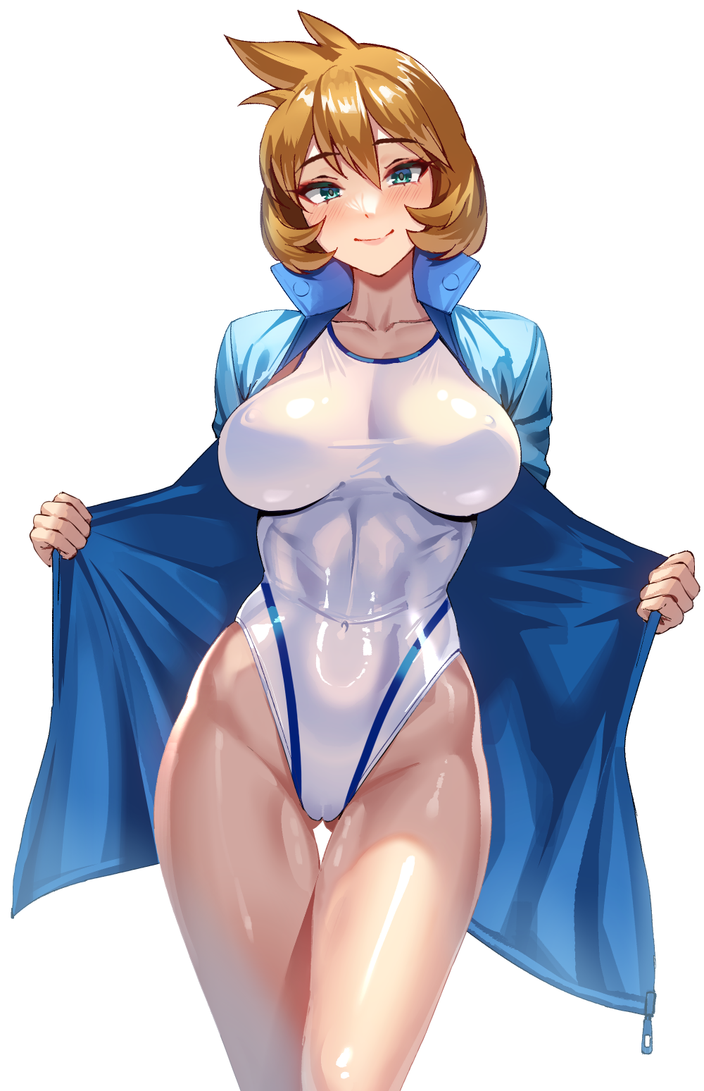 bangs blue_eyes blue_jacket blush breasts brown_hair cameltoe clavicle closed_mouth clothing competition_swimsuit covered_navel curvaceous female female_only gluteal_fold green_eyes groin hair_between_eyes high_resolution highleg highleg_swimsuit huge_breasts jacket kasumi_(pokemon) large_breasts legs long_sleeves looking_at_viewer misty_(pokemon_hgss) navel one-piece_swimsuit open_clothes open_jacket orange_hair pokemon pokemon_gsc pokemon_hgss pokemon_species shiny shiny_clothes shiny_skin shirt short_hair smile solo sportswear standing swimsuit tank_suit thick_thighs thigh_gap thighs track_jacket volyz wet white_one-piece_swimsuit white_swimsuit wide_hips