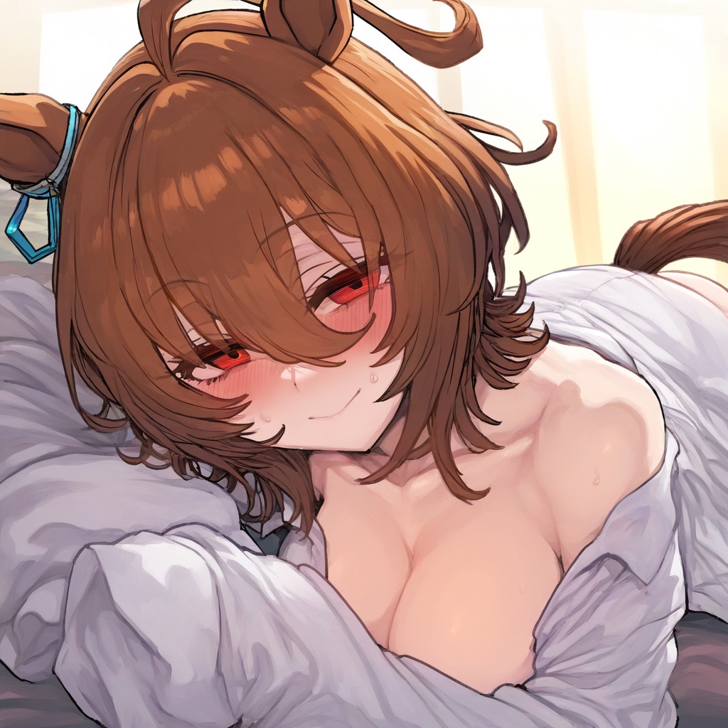 agnes tachyon (umamusume), ahoge, ai generated, animal ears, bed, brown hair, female, horse girl, looking at viewer, red eyes, umamusume, umamusume pretty derby