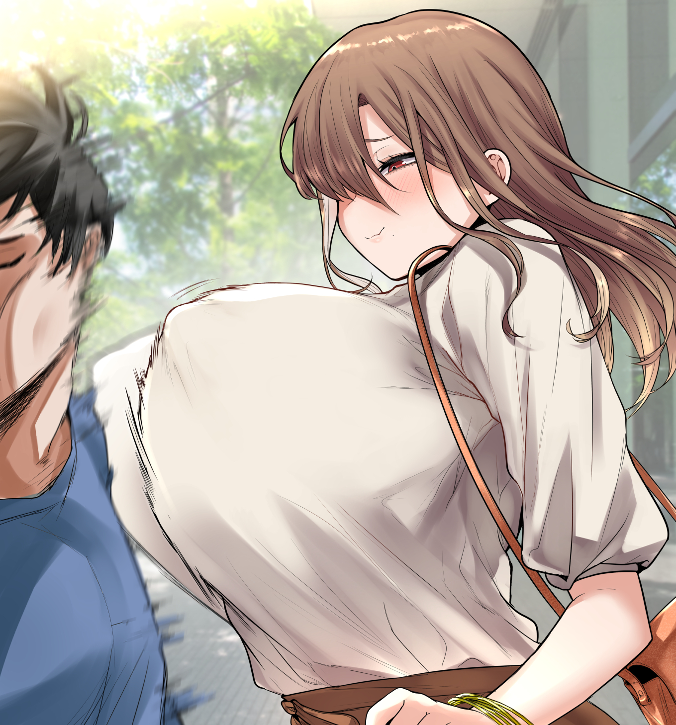 1boy, 1girls, black hair, blouse, blush, bouncing breasts, bracelet, breast slap, breasts, brown hair, closed eyes, closed mouth, commentary request, covered nipples, day, female, female focus, hair over one eye, half-closed eyes, highres, huge breasts, jewelry, large breasts, male, motion lines, nipple bulge, original, outdoors, photo background, red eyes, ricochet-gou, shirt, slapping with breasts, smile, speed lines, tree, upper body