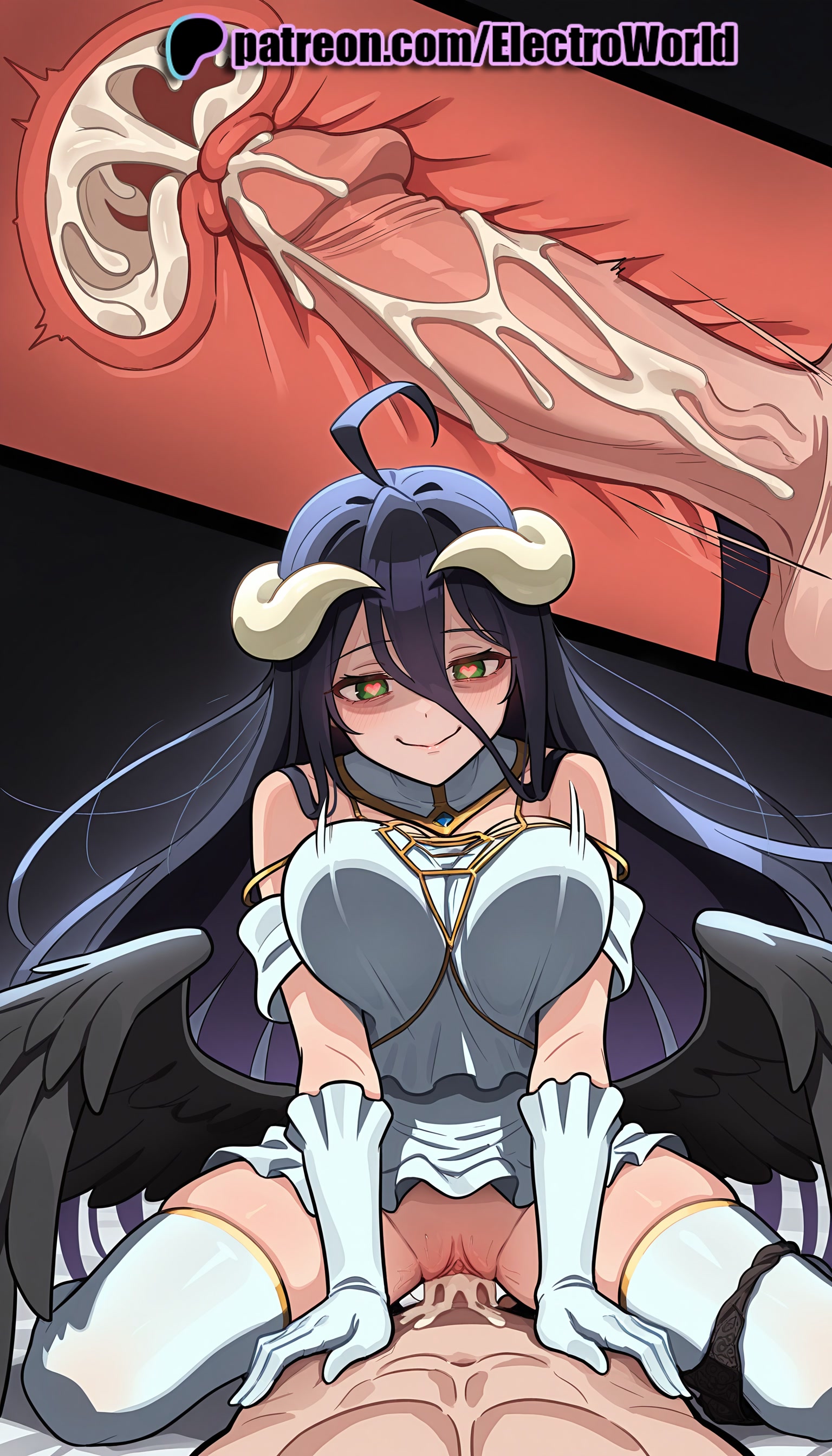 1boy, 1girls, 2025, ai generated, albedo (overlord), artist name, bare shoulders, black hair, black wings, breasts, bust, cervix, chest, clock, cock, cowgirl position, cross section, cum, cum in pussy, deep penetration, demon, demon girl, demon wings, dick, dress, ejaculation, electroworld, feathered wings, female, female on top, fucking, gloves, green eyes, happy sex, hi res, high quality, high resolution, highres, horns, intercourse, internal cumshot, legs apart, legs spread, long hair, love making, low wings, magic circle, male, open legs, overlord (maruyama), patreon, patreon username, penetration, penis, pov, pussy, riding, sex, sexual intercourse, smile, sperm cell, splayed legs, spread legs, stable diffusion, straddling, straight, thighhighs, uncensored, uterus, vaginal penetration, watermark, white gloves, wings, x-ray