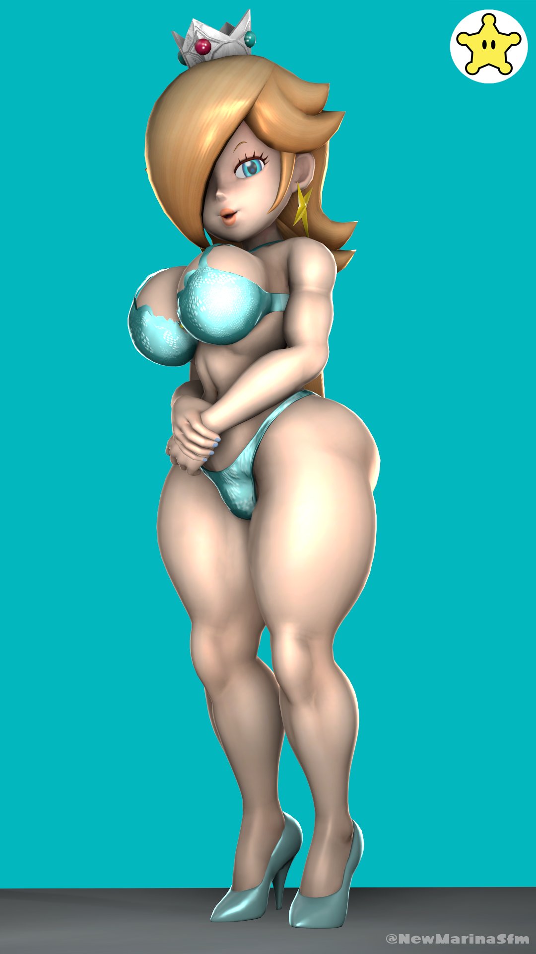 1girls 3d 3d_(artwork) ass big_ass big_breasts blonde_hair blue_background blue_eyes bra breasts curvaceous curves curvy curvy_body curvy_female curvy_figure curvy_hips female female_only full_body heels high_heels hips huge_ass lips mario_(series) newmarinasfm nintendo panties pink_lips princess_rosalina simple_background solo standing thick_legs thick_thighs thighs underwear underwear_only