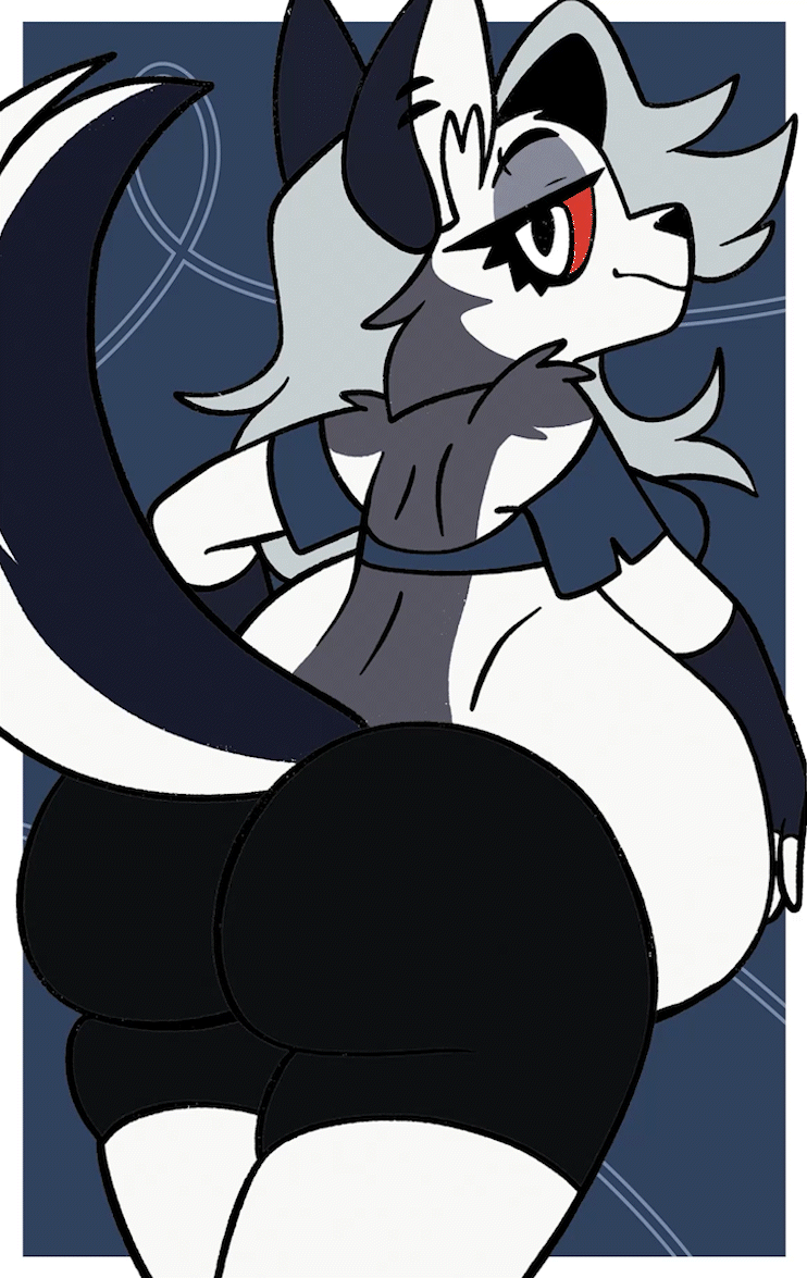 2d_animation animated anthro anthro_pred arm_tuft ass belly big_belly big_butt blinking blue_background bottomwear breasts canid canid_demon canine canis clothed clothing dark_eyelids demon ear_piercing female female_pred fingerless_gloves fur furry gloves grey_body grey_fur grey_hair hair hair_over_eye hand_on_own_belly handwear hellhound helluva_boss high_framerate huge_belly larger_pred loona_(helluva_boss) mammal mythological_canine mythological_creature mythology one_eye_obstructed piercing pompuffy_(artist) rear_view red_sclera short_playtime shorts shoulderless_shirt simple_background size_difference solo stomach_bulge tail thick_thighs tuft vore white_belly wolf