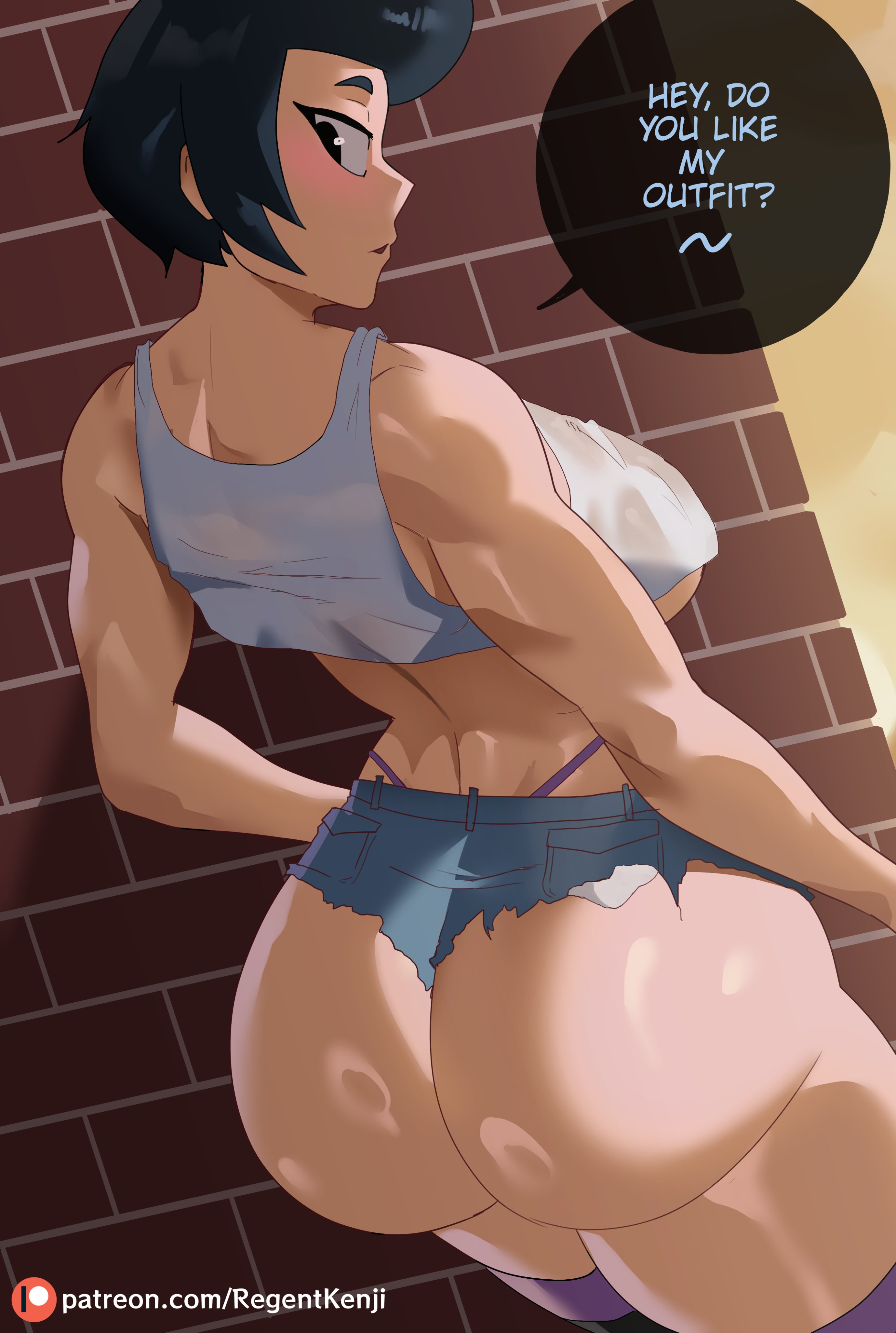 asian, asian female, ass, ass focus, bibi (brawl stars), brawl stars, dialogue, female, jean shorts, looking at viewer, muscular, muscular female, regentkenji, solo, solo female, string panties, supercell, talking to viewer, tank top