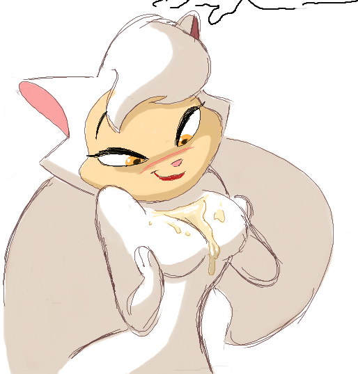 2015 blush breasts brokenlynx cats_don't_dance cum cum_on_breasts domestic_cat feline female female_only furry orange_eyes pressing_breasts_together red_lips red_lipstick sawyer_(cats_don't_dance) white_background white_fur white_hair yellow_eyes