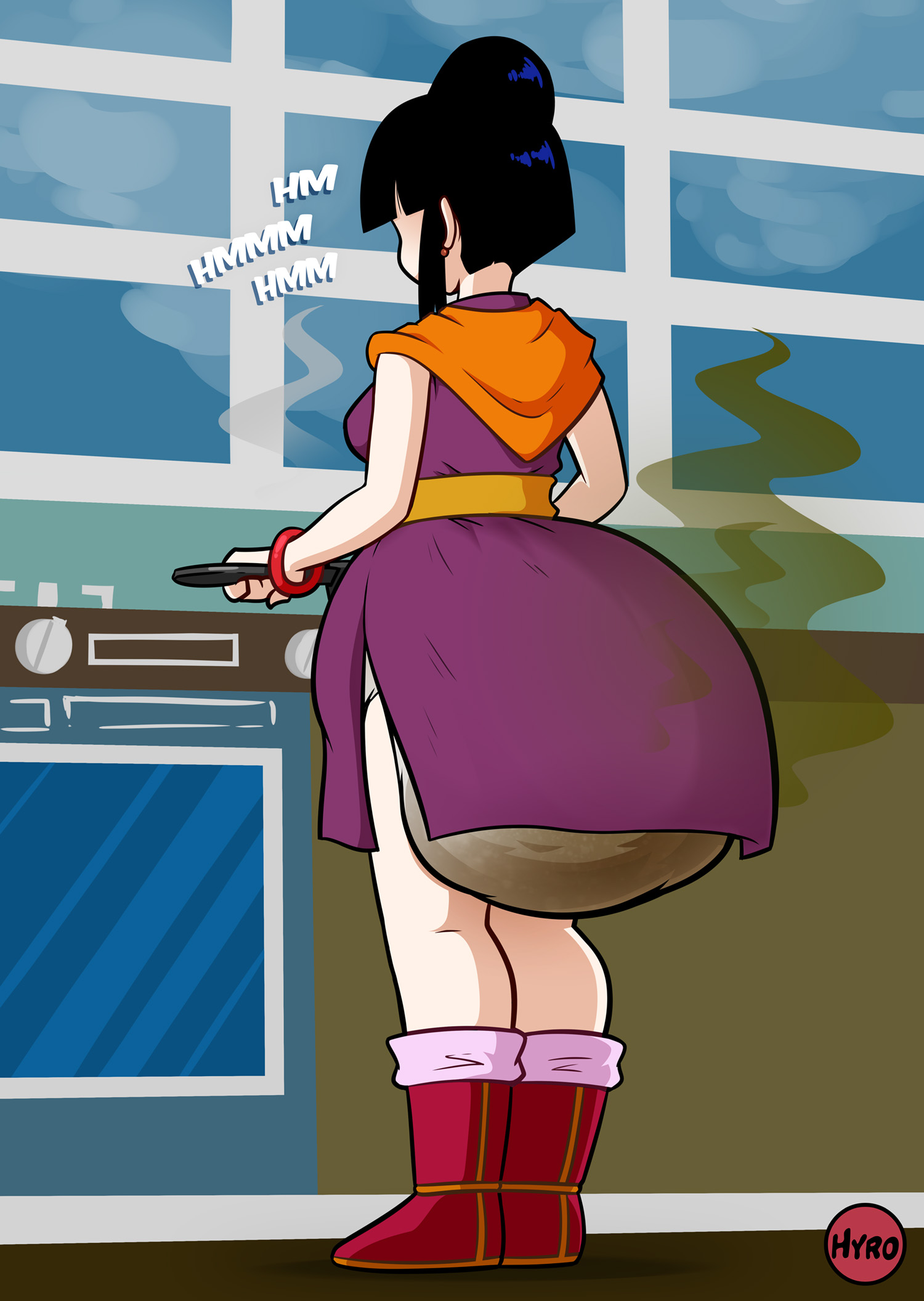 artist signature, black hair, chichi, cooking, diaper, digital media (artwork), dragon ball, dragon ball z, female, humming, hyrosdiaperdivas, kitchen, messy diaper, milf, scat, stink lines, tagme