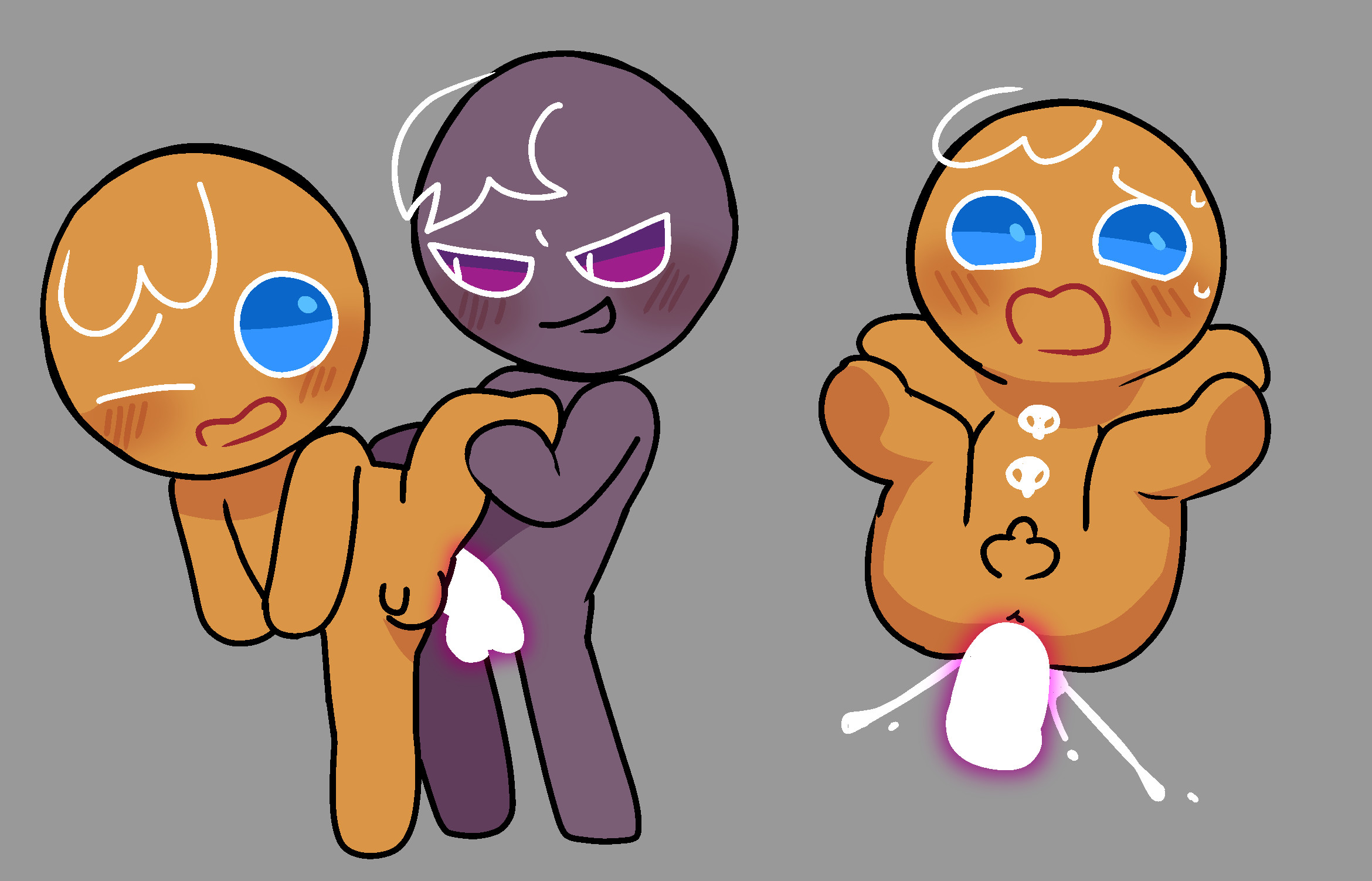 2025, 2boys, animate inanimate, balls, blue eyes, blush, blushing at partner, blushing male, brown body, casis cookie, cookie, cookie run, cookie run kingdom, cookie run ovenbreak, cum, cum inside, cumming, dominant, dominant male, femboy, feminine male, gay, genital fluids, genitals, gingerbrave, gingerbread man, glowing penis, humanoid genitalia, humanoid penis, male, male only, no humans, non-human, oc, penis, penis size difference, pov, purple body, riagaras, skull, skull symbol, small penis, submissive, submissive male, tagme, tiny penis, twink, white hair, yaoi