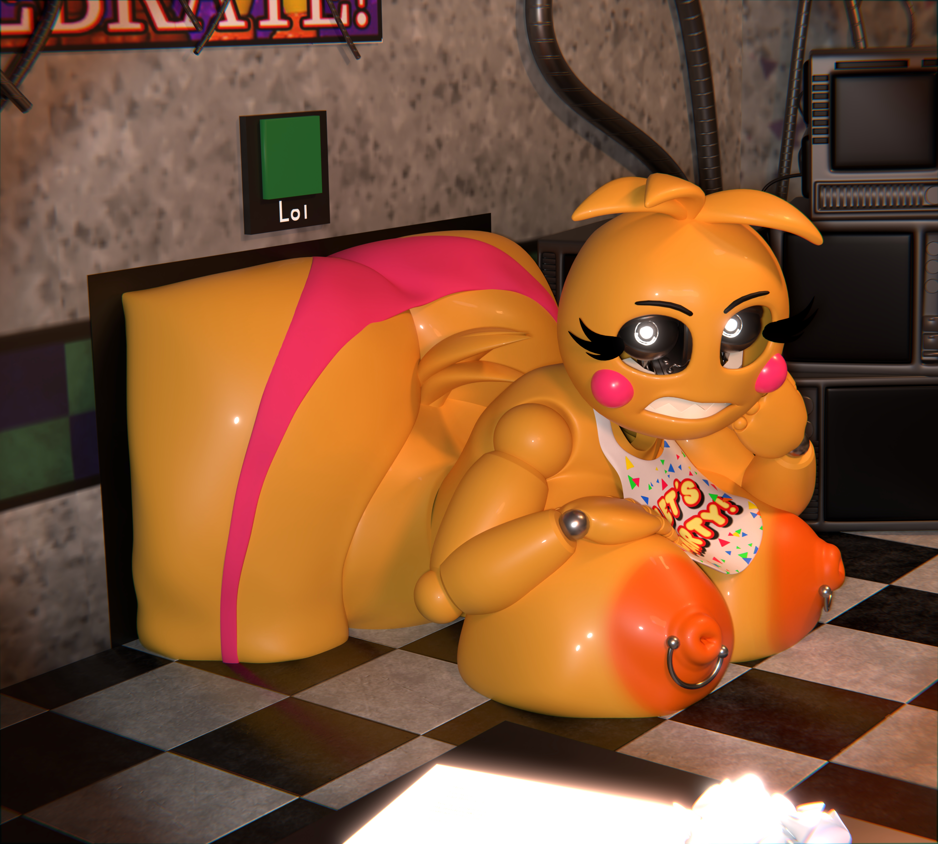 1girls, 3d, angry, animatronic, annoyed, areolae, artist request, ass, bib, big ass, big breasts, blush stickers, boob piercings, bottom heavy, breasts, bubble ass, bubble butt, clothing, female, five nights at freddy's, functionally nude, furry, huge ass, huge breasts, hyper, hyper ass, lol, looking at viewer, nipples, on front, panties, pierced nipples, robot, robot girl, skimpy, solo, solo female, stuck, stuck in vent, tagme, toy chica (fnaf), toy chica (love taste), underwear, yellow body