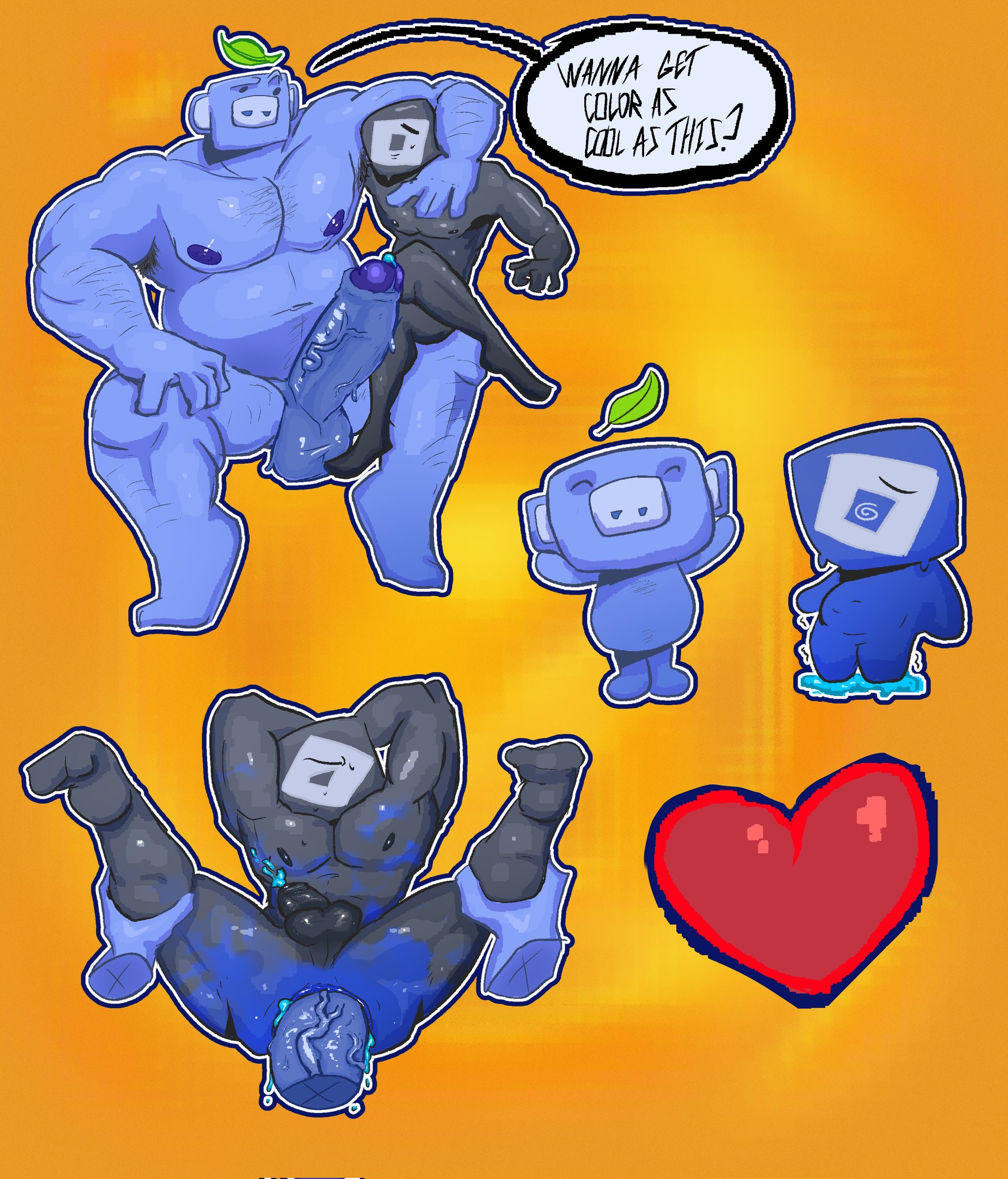  ssatoh, anal, anal sex, armpit hair, balls, bara, bigger male, blue body, body hair, chest hair, colored cum, cum, discord (app), foreskin, grey body, heart, heart symbol, himbo, holding legs, leaf, leaking cum, make, male, male only, nervous, nervous expression, nervous face, nervous male, nervous sweat, nervous sweating, nipples, pecs, penis, penis vein, roblox, roblox logo (character), spiral eyes, sus (pig), sweat, sweatdrop, talking, talking to another, testicles, text, text bubble, transformation, uncircumcised, veiny penis, wumpus, yaoi