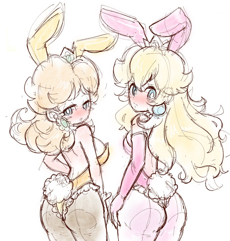 1girls, ass, ass focus, blue eyes, blush, breasts, brown hair, bunny daisy, bunny ears, bunny girl, bunny peach, bunnysuit, cindysuke, clothing, earrings, easter, female, flower earrings, looking back, looking up, mario (series), nintendo, princess, princess daisy, princess peach, super mario land, super mario land 2, upper body, voluptuous, voluptuous female