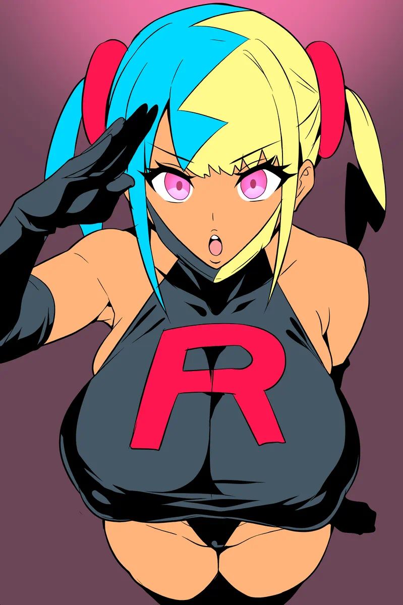 1girls, altered common sense, alternate breast size, alternate costume, brainwashed, brainwashing, breasts, canari (pokemon), canary (pokemon), change in common sense, corruption, elbow gloves, enemy conversion, face mask, female, game freak, gloves, huge breasts, hypnosis, large breasts, looking at viewer, mask, mind control, multicolored hair, nintendo, on (artist), open mouth, pink eyes, pokemon, pokemon legends: z-a, salute, tagme, team rocket, thick thighs, thighs, twintails, unaware hypnosis