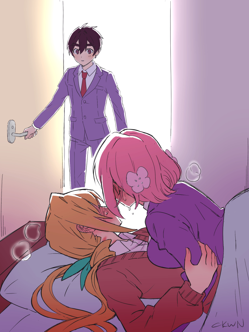 1boy, 2girls, aijou rentarou, bed, black hair, blonde hair, blush, bodily fluids, boyfriend and girlfriends, breast press, breasts, brown hair, canon couple, canon polyamory, caught, chikuwan, closed mouth, clothing, collared shirt, door, duo, female, flower, formal, hair flower, hair ornament, hanazono hakari, huge breasts, imminent kiss, inda karane, interrupted, jacket, kimi no koto ga dai dai dai dai daisuki na 100-nin no kanojo, long hair, long sleeves, looking at another, looking to the side at another, lying, male, meme, multiple females, multiple girls, necktie, neckwear, on back, pants, parody, pillow, pink hair, pixiv id 2521572, polyamory, romantic, romantic couple, school uniform, shirt, short hair, sweat, tied hair, twintails, uniform, walk-in, white shirt, yuri