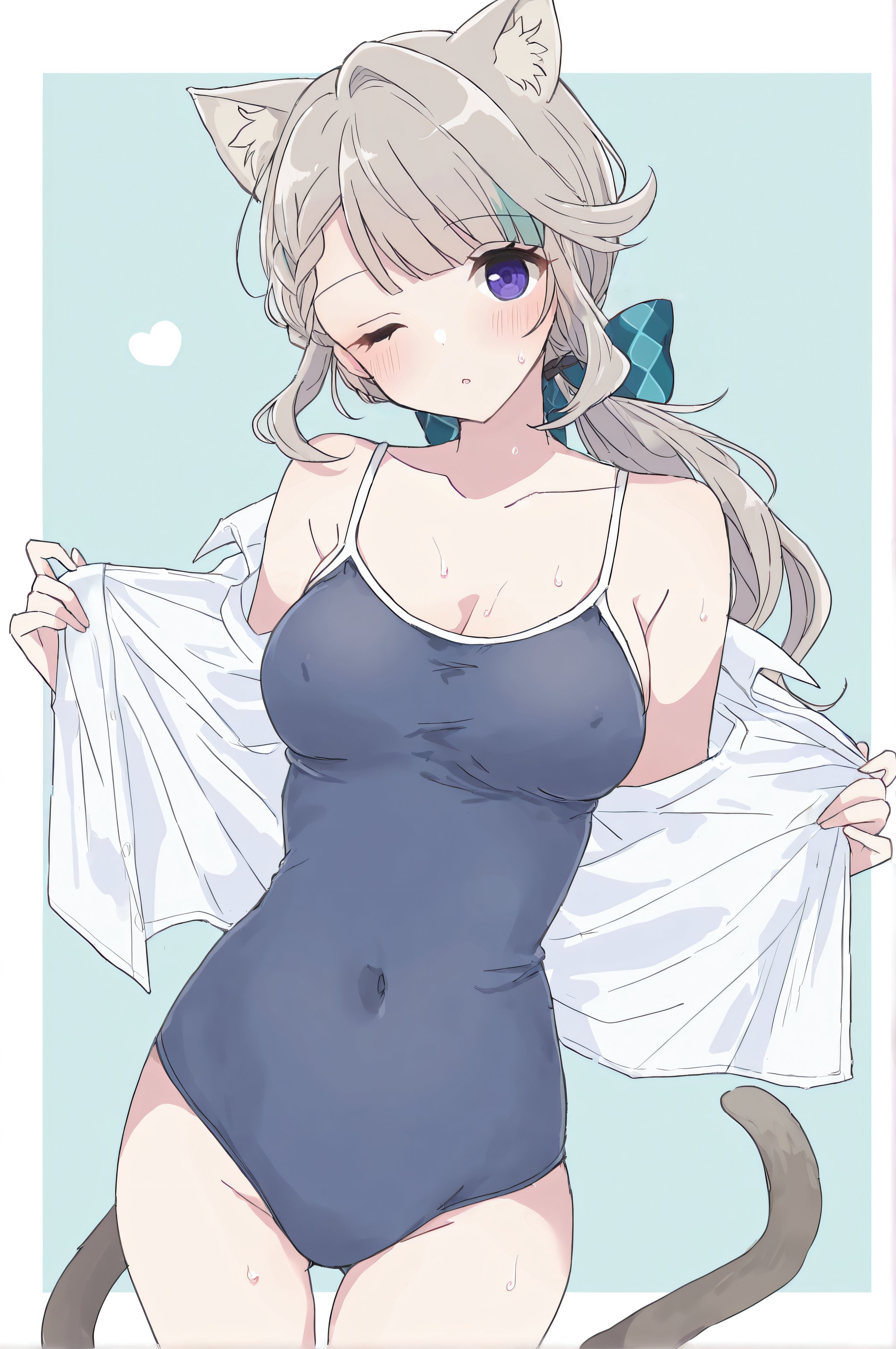 1girls, 2d, 2d (artwork), ai, ai generated, alternate costume, animal ears, animal tail, artist request, blue swimsuit, blush, breasts, cat ears, cat girl, cat tail, catgirl, female, female focus, female only, front view, genshin impact, grey hair, high resolution, highres, light skin, light-skinned female, looking at viewer, lynette (genshin impact), medium breasts, one eye closed, one-piece swimsuit, open shirt, purple eyes, shirt, simple background, slim female, solo, solo female, solo focus, standing, swimsuit, tight clothing, white shirt, young, younger female