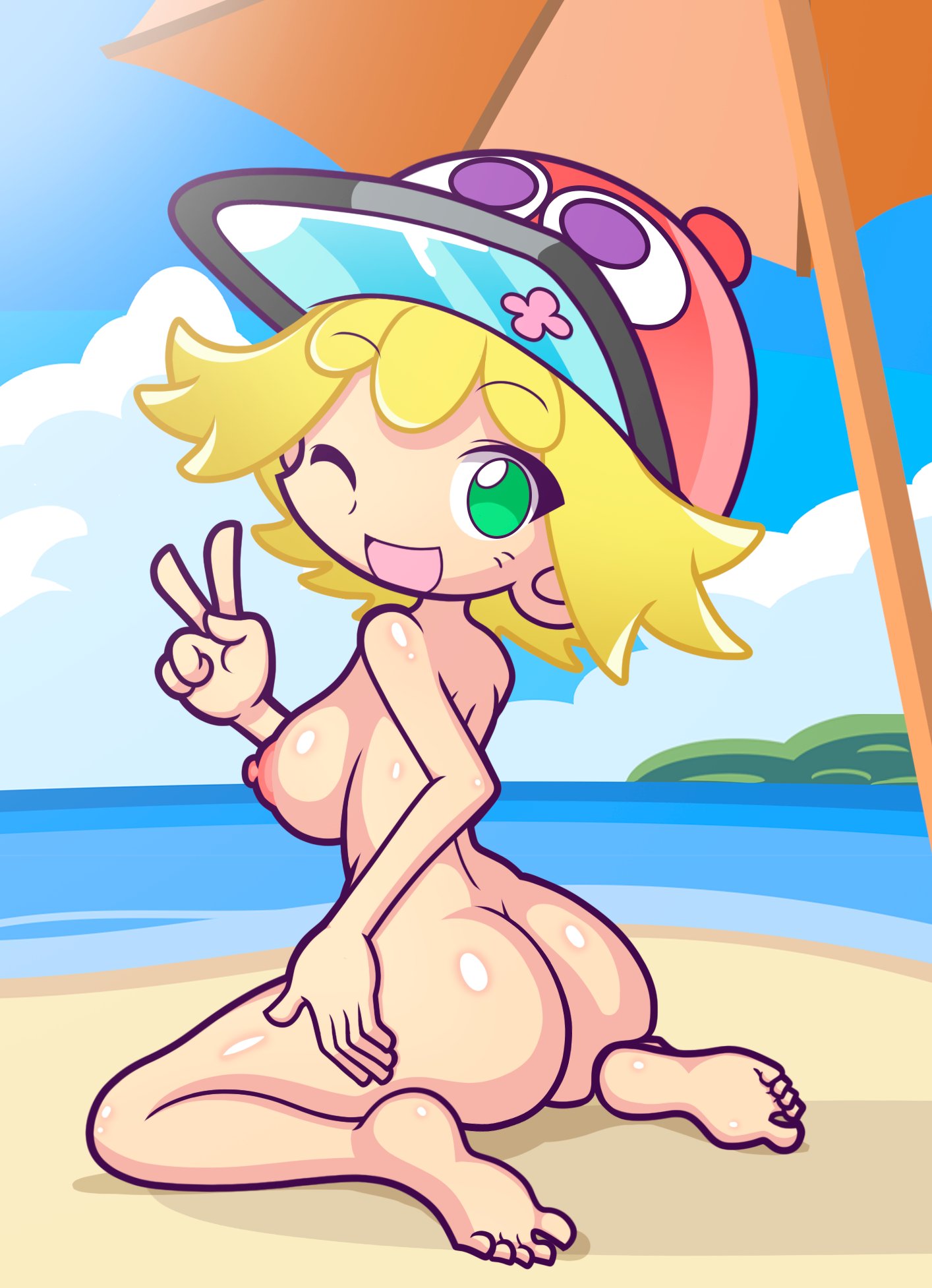 1girls accurate_art_style amitie ass barefoot blonde_hair breasts bursting_amitie cap feet female female_only furii_(artist) green_eyes large_ass large_breasts light-skinned_female light_skin naked nipples nude nude_female puyo_puyo puyo_puyo_artstyle puyo_puyo_fever shiny_skin short_hair smooth_skin textless_version wink
