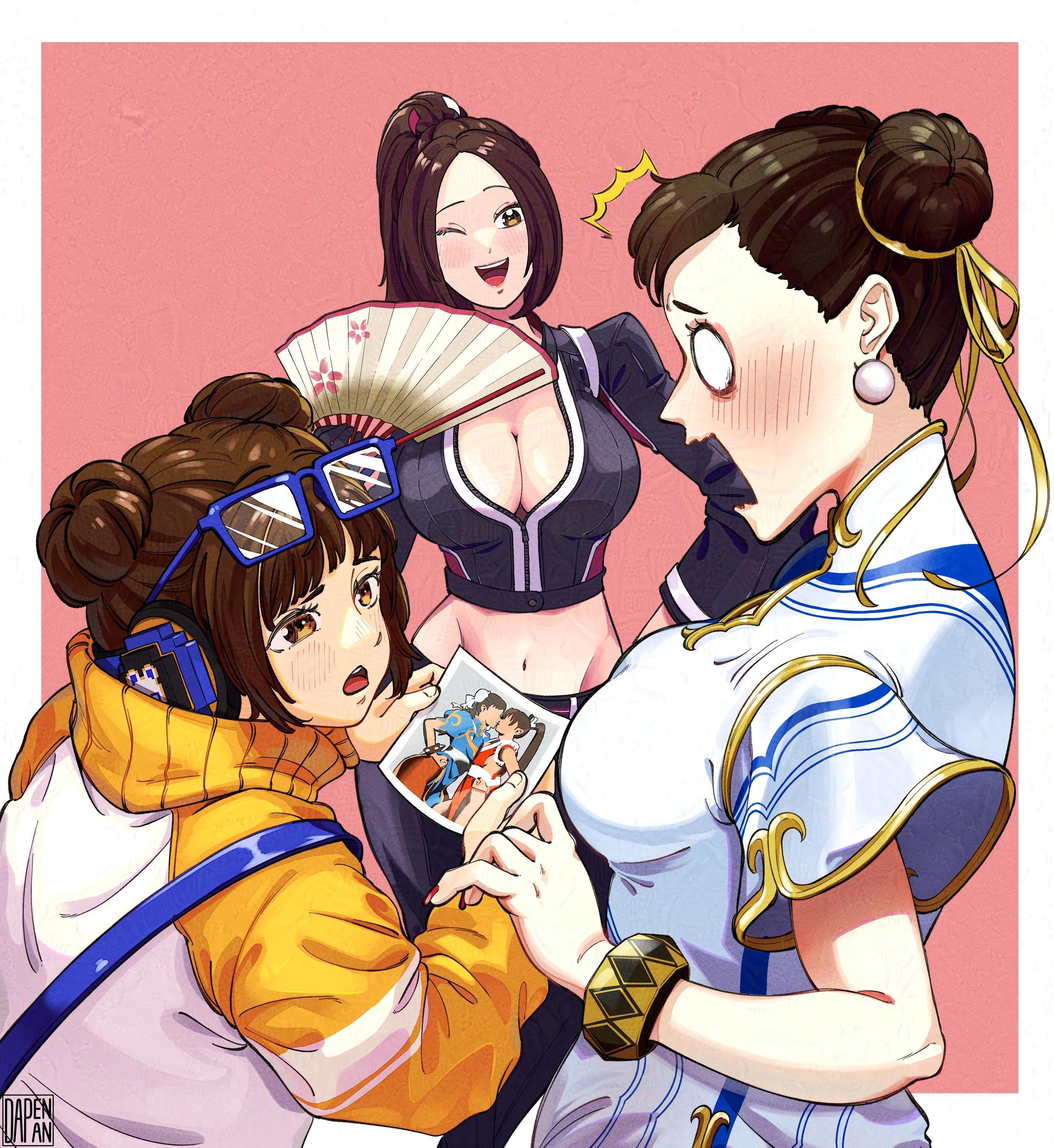 3girls, akiman pose, blush, breast press, breasts, brown hair, capcom, capcom vs snk, catfight, china dress, chinese clothes, chun-li, cleavage, da pen pan, double bun, embarrassed, fatal fury, fatal fury: city of the wolves, female, folding fan, glasses on head, hair buns, highres, implied yuri, large breasts, laughing, li-fen, mai shiranui, mai shiranui (city of the wolves), mai shiranui (street fighter 6), midriff, milf, mother and daughter, pelvic line, polaroid, polaroid photo, ponytail, shocked, shocked expression, snk, staredown, street fighter, street fighter 6