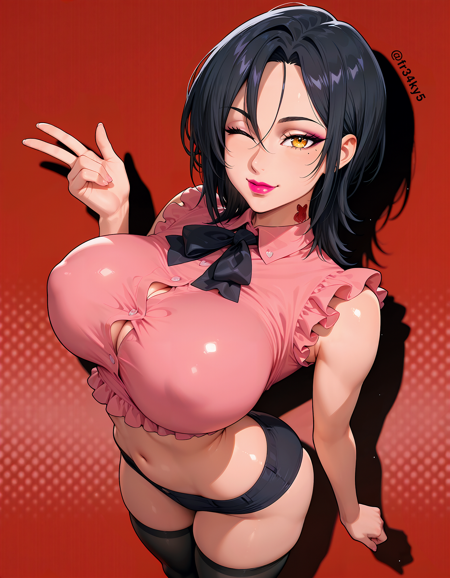 ai generated, breasts, button gap, female, fr34ky, huge breasts, mature female, merlin (nanatsu no taizai), midriff, minishorts, nanatsu no taizai, navel, yellow eyes