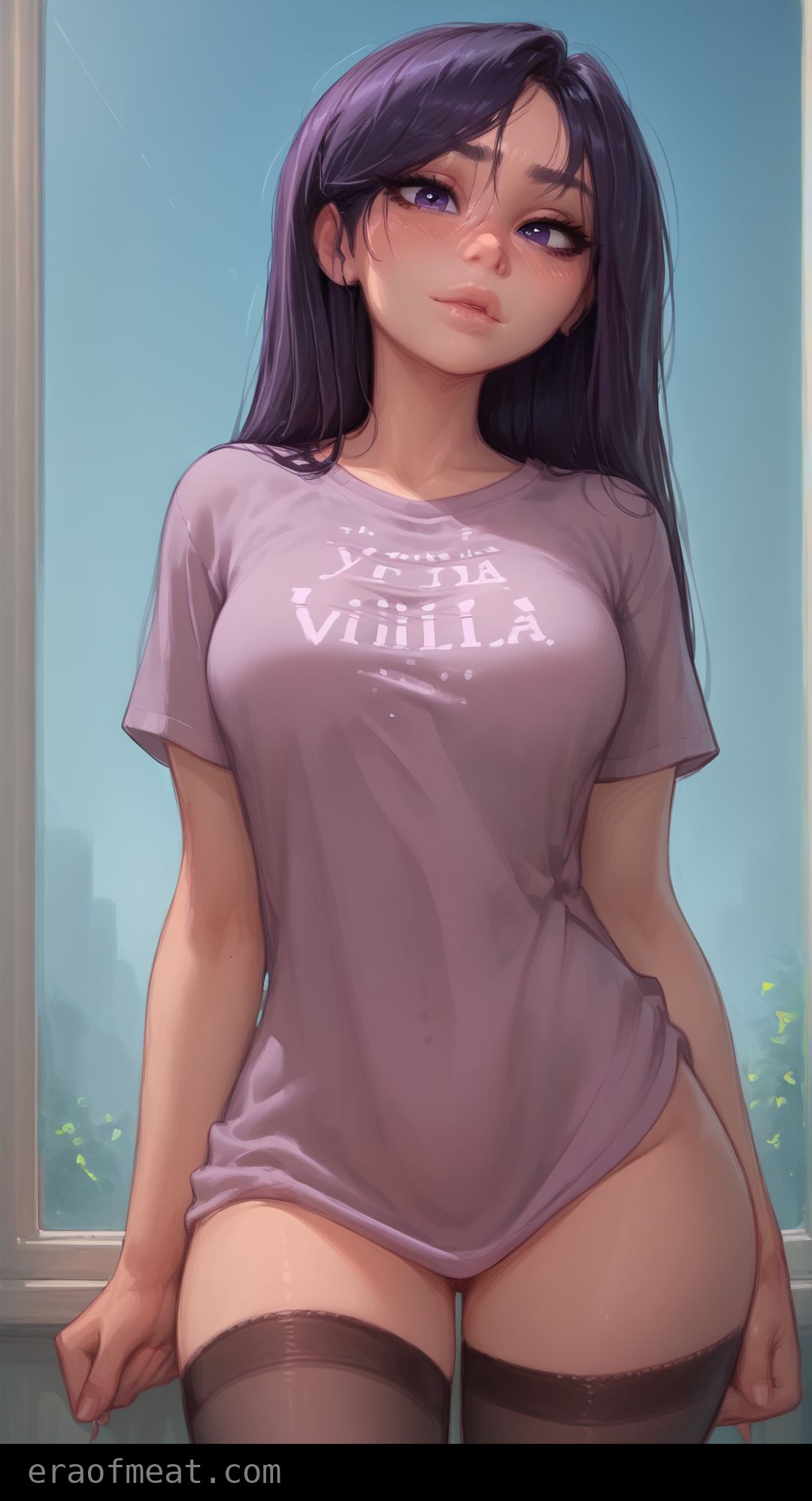 1girls, ai generated, disney, female, female only, meat master, solo, t-shirt, the incredibles, violet parr