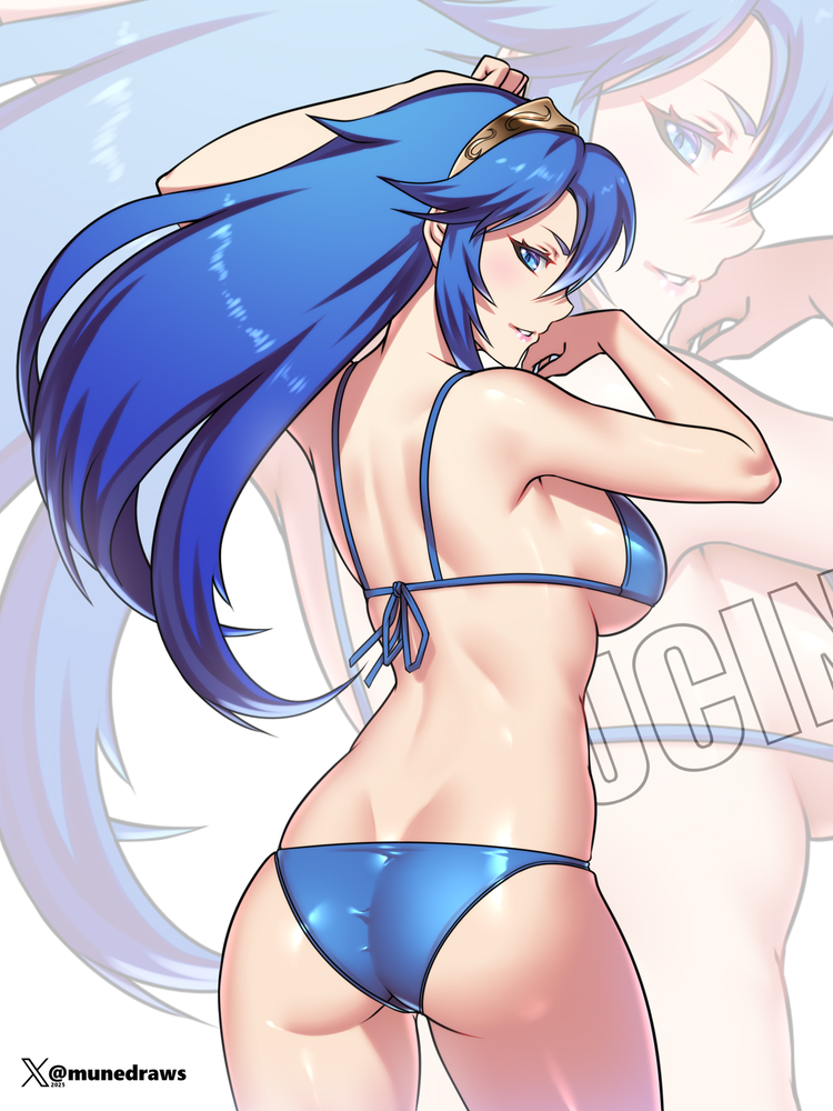 1girls ass back back_view bare_back big_ass bikini blue_eyes blue_hair blue_panties blush breasts earrings etchimune female fire_emblem fire_emblem_awakening hair_between_eyes long_hair looking_at_viewer looking_back lucina_(fire_emblem) medium_breasts nintendo open_mouth panties simple_background smile solo tiara topless twitter_username underwear