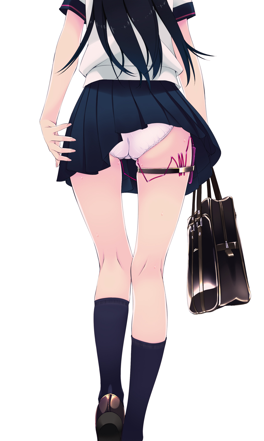 1girls, ass, back turned, bag, black hair, blue legwear, clothed masturbation, clothing, discreet vibrator, female, head out of frame, highres, kneehighs, kneepits, legs, long hair, masturbation, more revealing backside, murakami suigun, original, panties, pantyshot, pantyshot (standing), school bag, school uniform, serafuku, sex toy, skirt, skirt lift, solo, standing, sweat, thigh gap, thigh strap, underwear, upskirt, vibrator, vibrator under panties, white panties, wind lift
