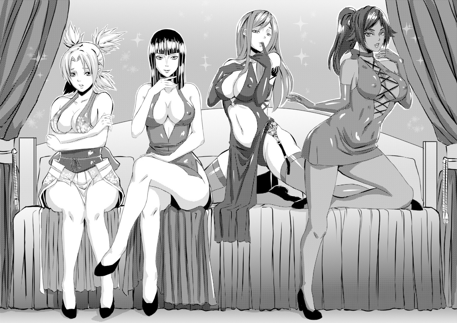 4girls, ascot, bare shoulders, bed, bleach, breasts, cleavage, crossed legs, crossover, dark skin, dark-skinned female, dress, eizen10, elbow gloves, erza scarlet, fairy tail, female, female only, finger to mouth, fingerless gloves, garter straps, gloves, high heels, human, kneeling, long hair, looking at viewer, monochrome, multiple females, multiple girls, naruto, naruto (series), nico robin, one piece, parted lips, ponytail, pre-timeskip, quad tails, shihouin yoruichi, sitting, smile, temari, thighhighs, tied hair