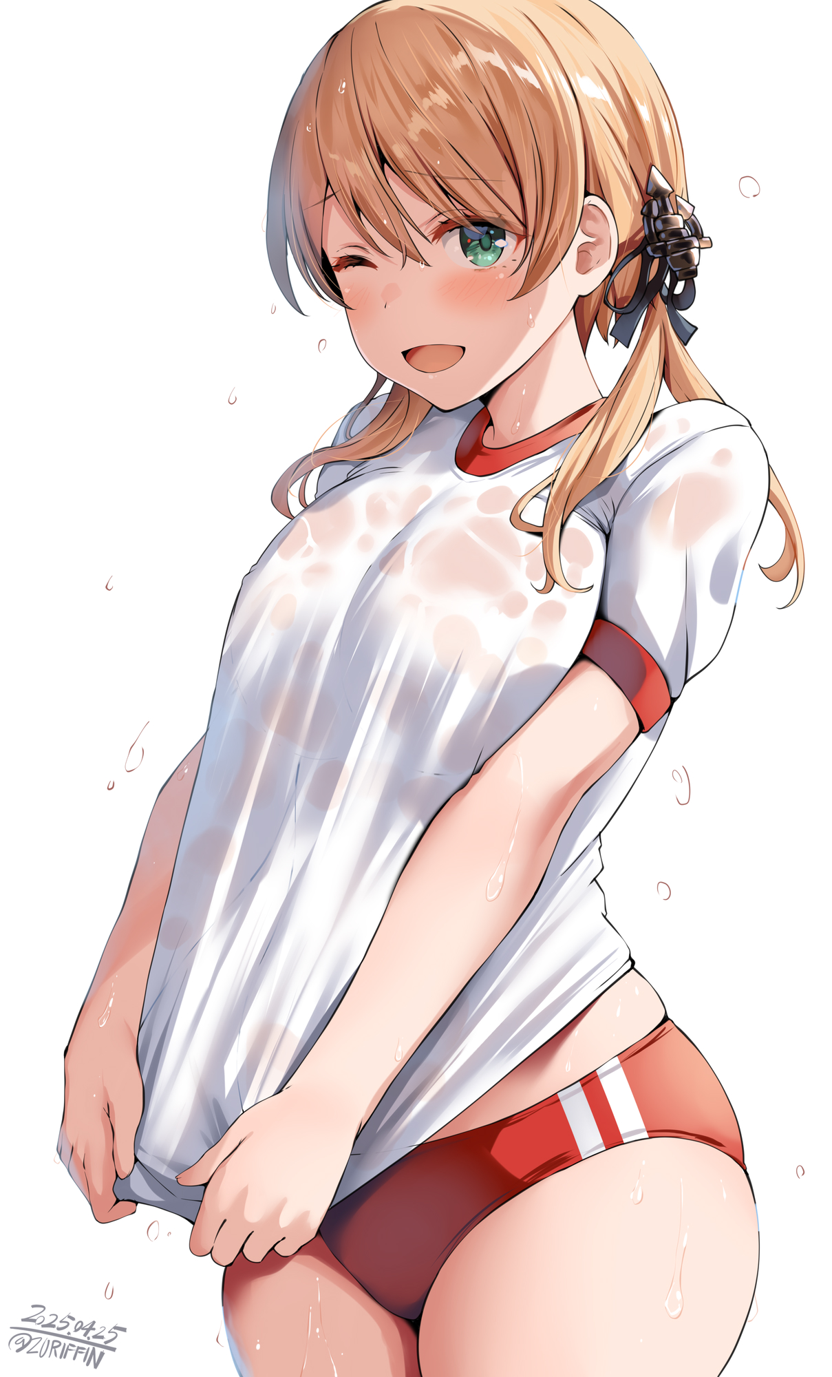 1girls, bangs, belko, blonde female, blonde hair, blush, breasts, buruma, dated, female, female only, green eyes, hair, hi res, hips, kantai collection, light skin, light-skinned female, one eye closed, prinz eugen (kantai collection), see-through, see-through clothing, see-through shirt, shirt pull, simple background, solo, sportswear, thighs, twitter username, wet, wet clothes, wet shirt, white background