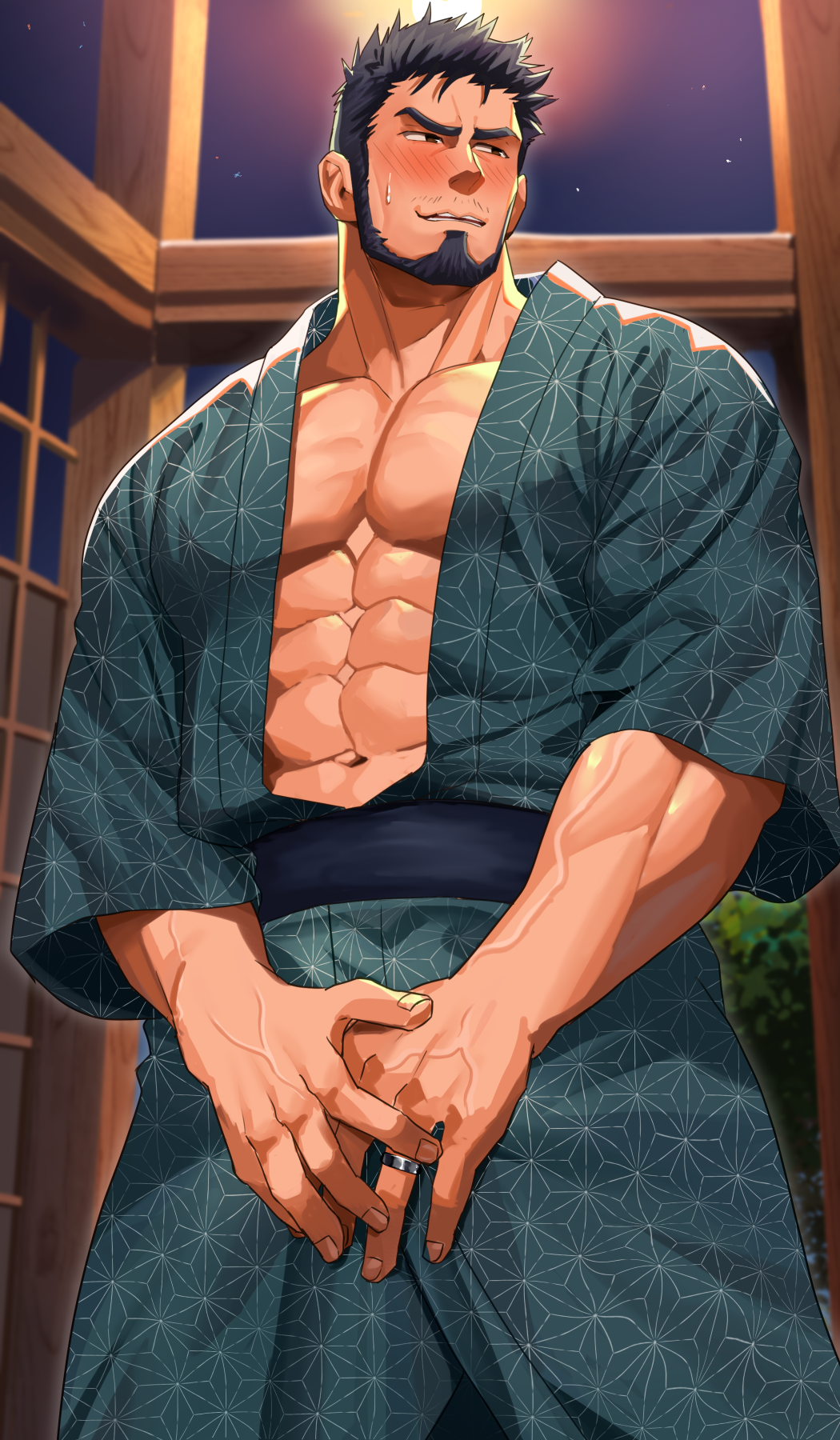 1boy abs bara beard beefy belt black_hair blush brown_eyes collarbone covering_crotch daddy dilf embarrassed frown gay hi_res hunk izukonohito japanese_clothes japanese_house jewelry kimono looking_away male male_only manly married mature_male muscles muscular muscular_arms muscular_male mustache_stubble navel night no_visible_genitalia obi offscreen_character open_clothes original original_character pecs ring short_hair sideburns six_pack sky standing sweat sweatdrop thick_neck tough_guy v-shaped_eyebrows veiny_arms veiny_hands yaoi yukata