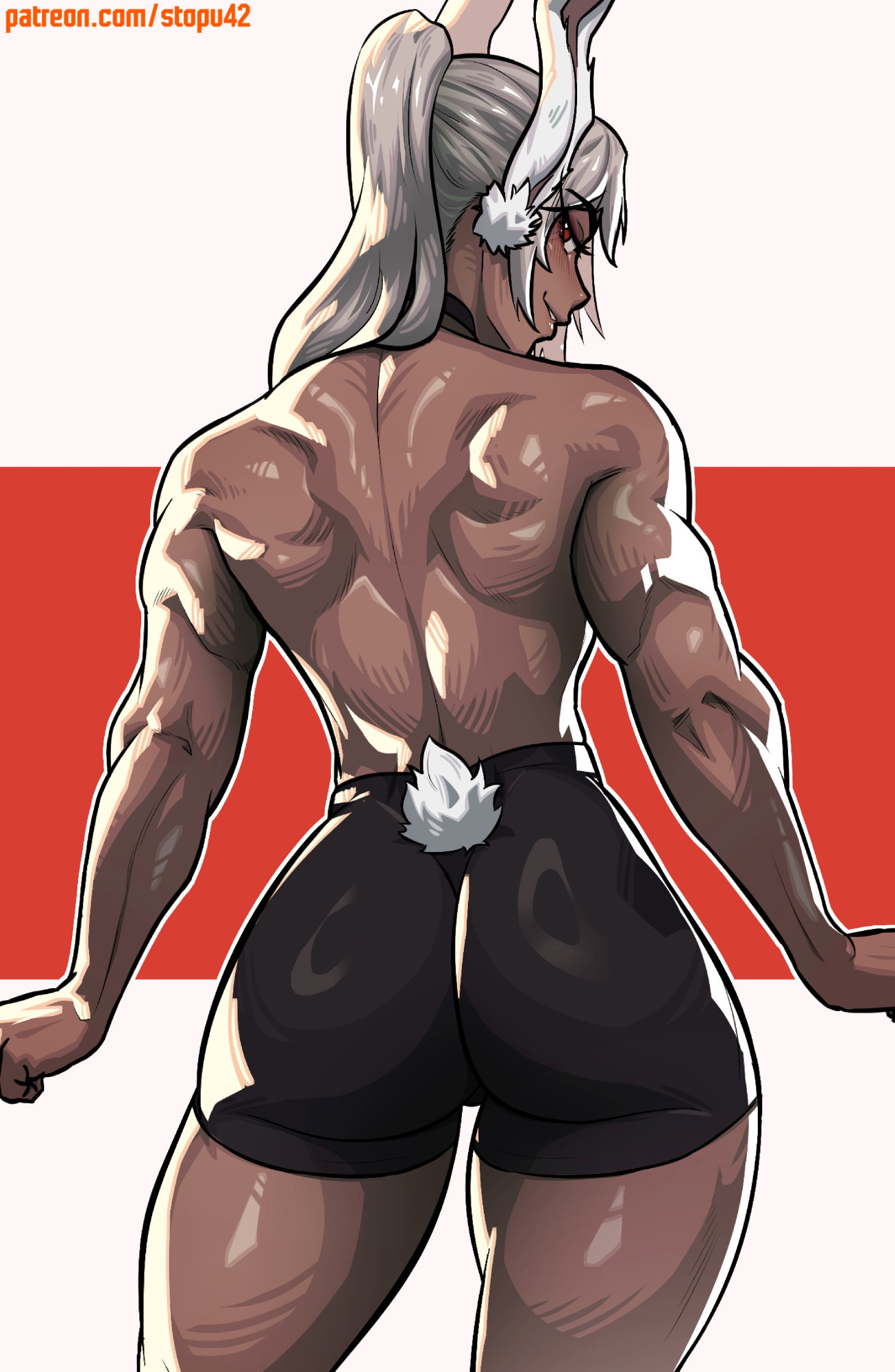 1girls, 2024, 2d, 2d (artwork), ass, back, back muscles, back view, bunny ears, color, colored, dark skin, dark-skinned female, female, gym, gym clothes, looking at viewer, looking back, looking over shoulder, miruko, muscles, muscular, muscular arms, muscular female, my hero academia, rumi usagiyama, simple background, stopu, topless, training, white hair