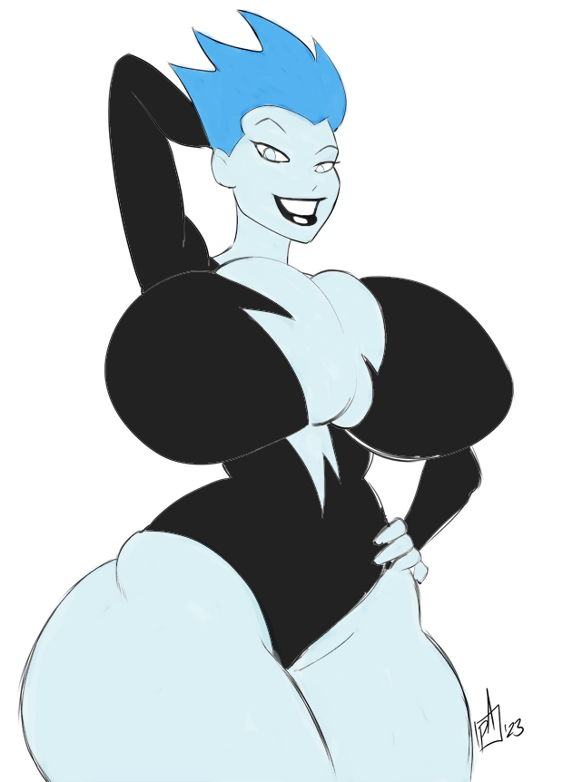 arm_behind_head big_breasts blue_eyes blue_hair breasts dc leotard livewire pranky smile superman:_the_animated_series superman_(series) thick_thighs wide_hips