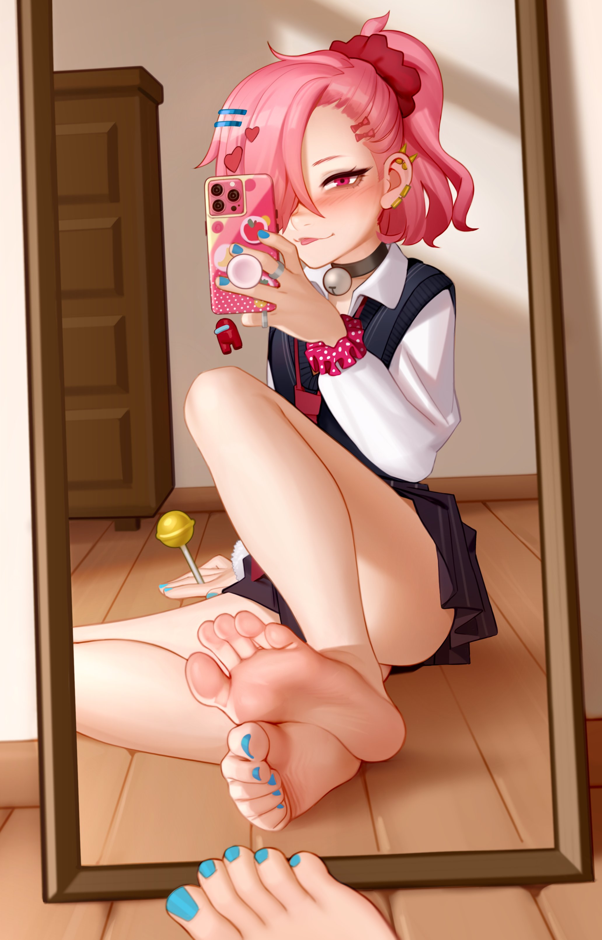 bare legs, bedroom, blue nails, collar, ear piercing, feet, female, foot fetish, foot focus, hair ornament, kairuhentai, kairunoburogu, makeup, mascara, mirror, nail polish, original, painted nailsd, pinched toes, pink hair, ponytail, rings, school uniform, selfie, skirt, smiling, soles, solo, toe scrunch, toenail polish, toes, tongue, tongue out, violett (k-rha)