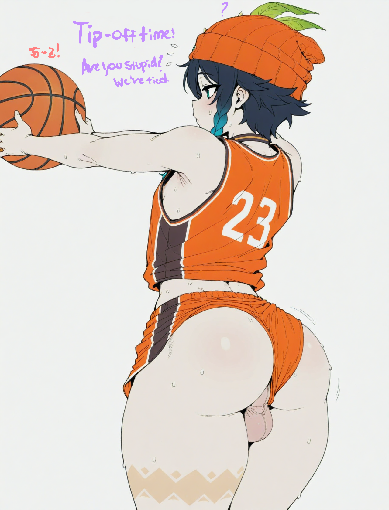 ?, 1boy, ai generated, ass, ball (object), balls, basketball, basketball uniform, black hair, blue hair, blush, braid, clothing aside, english text, femboy, from behind, gradient hair, green eyes, hat, holding, holding ball, male, male focus, multicolored hair, orange headwear, orange shorts, otoko no ko, penis, short shorts, shorts, simple background, sleeveless, solo, sondu, sportswear, sweat, tank top, tattoo, testicles, thighs, twin braids, uncensored, venti (genshin impact), white background