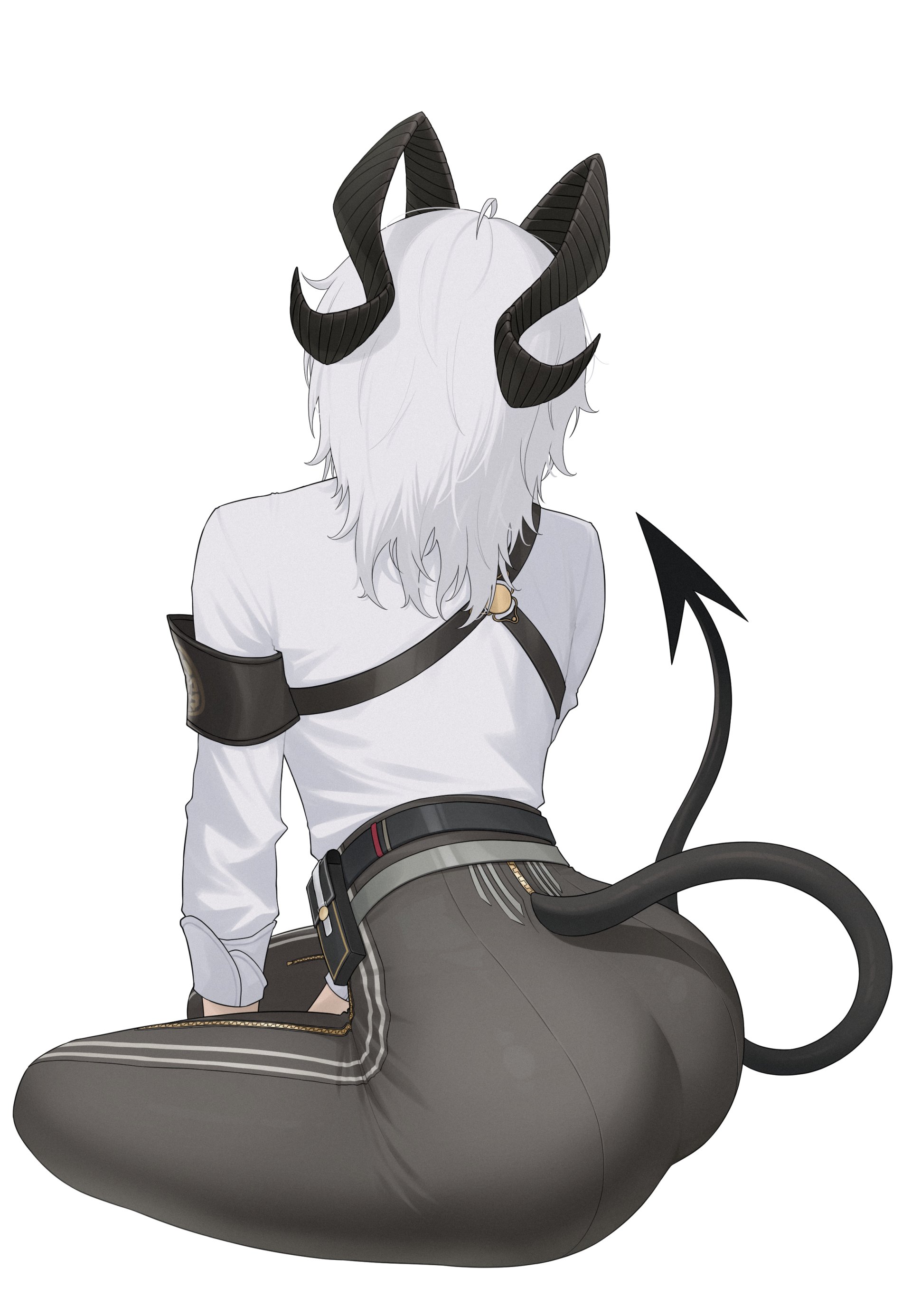 1girls, ass, ass focus, back view, black horns, black pants, curled horns, demon horns, dial kasper, dialkasper, female, high-waist pants, horns, pants, shirt, short hair, solo, tail, tight clothes, tight pants, white background, white hair, wuthering waves, zani (wuthering waves)