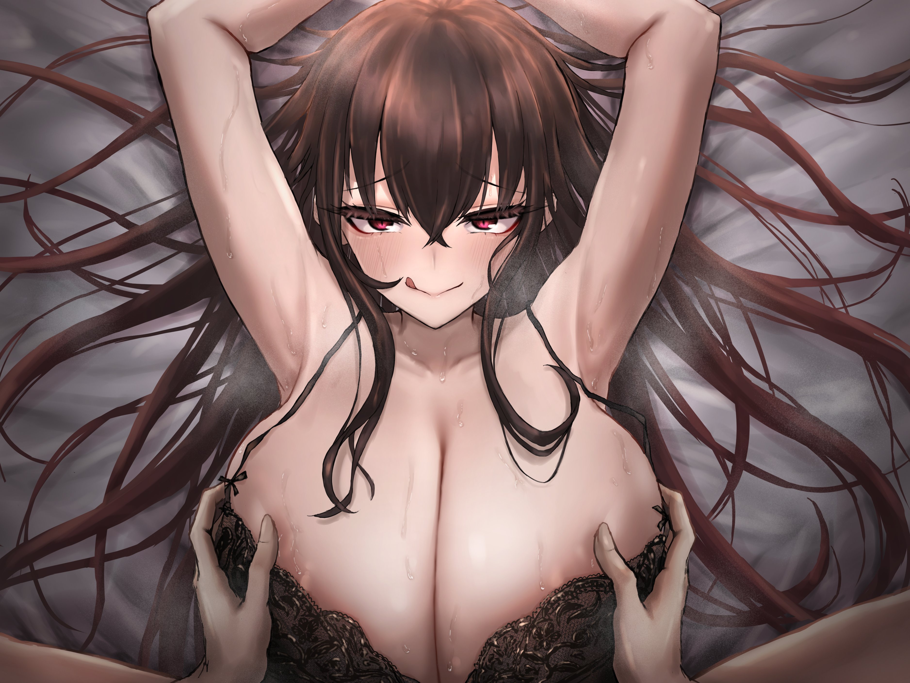 :q, 1girls, absurdres, armpits, arms up, black bra, bra, breast grab, breasts, brown hair, cleavage, collarbone, female, grabbing, grabbing another's breast, grabbing breasts, groping, hair between eyes, highres, large breasts, long hair, looking at viewer, lying, on back, original, pink eyes, red eyes, shaddoll fusion, solo, sweat, tongue, tongue out, underwear, upper body
