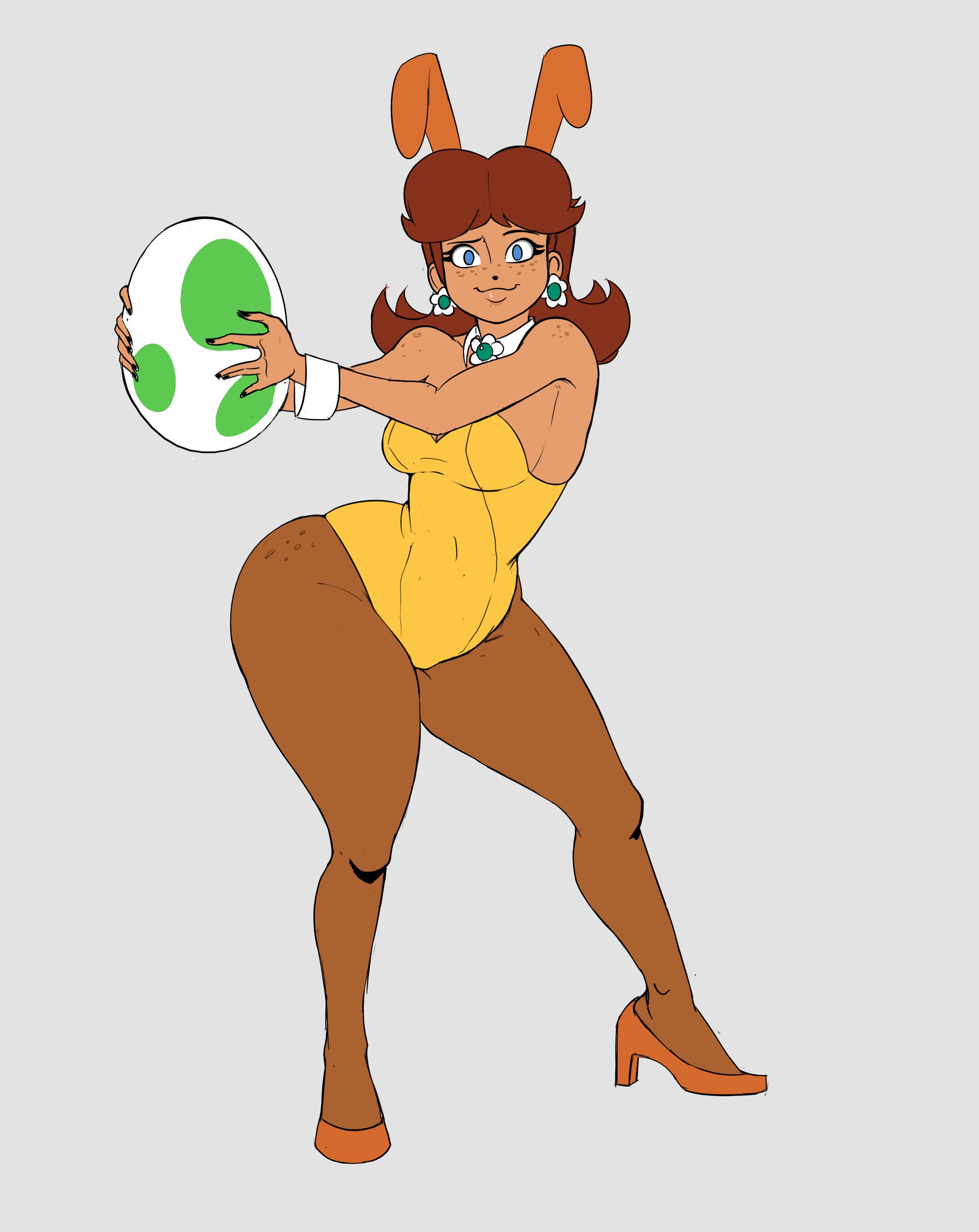 absurdres, black nails, blue eyes, brown hair, bunny daisy, bunny ears, bunnysuit, earrings, easter, egg, female, freckles, freckles on thighs, high heels, highres, jewelry, kseg3501, kseg507, leotard, mario (series), nintendo, pantyhose, princess daisy, rabbit ears, shoulder freckles, smile, super mario land, super mario land 2, tomboy, yoshi egg