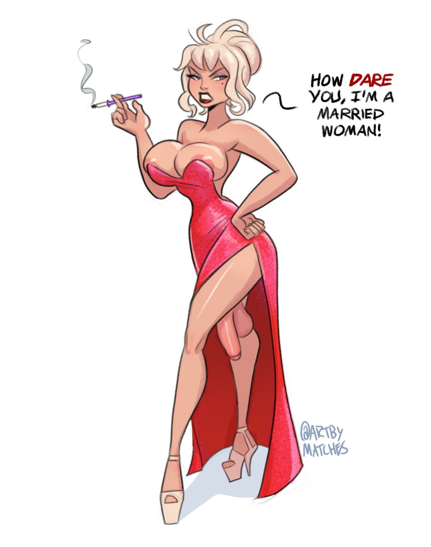 1futa, 2d, areola slip, areolae, artbymatches, balls, big penis, blonde hair, breasts, cleavage, english text, foreskin, futa only, futanari, high heels, intersex, large breasts, light skin, light-skinned futa, penis, red dress, sagging balls, saggy balls, solo, tagme, testicles, text, uncircumcised, uncut