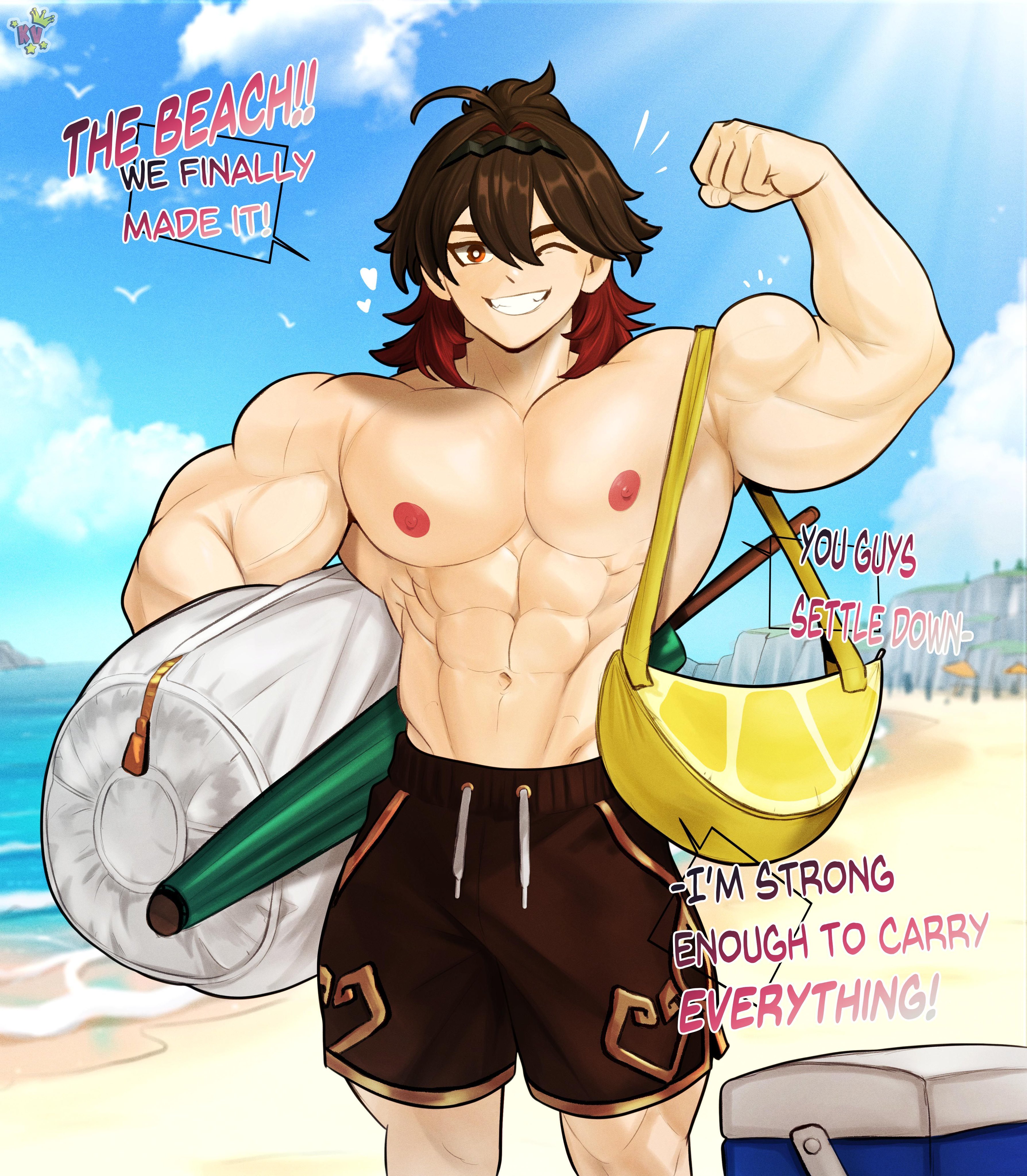 1boy, bag, beach, blinking, brown hair, cliffs, cooler, english dialogue, english text, flexing, flexing bicep, gaming (genshin impact), genshin impact, gym bag, heart symbol, human, kingdom velvet, lemon print, looking at viewer, male, male only, muscles, muscular, muscular male, parasol, partially clothed, red eyes, red hair, red hair tips, sea, seaside, sfw, sfw version, showing teeth, sky, smile, smiling, smiling at viewer, solo, solo male, sun, sunlight, sunshade, swimming trunks, swimming trunks only, swimsuit, swimsuit only, talking to viewer, watermark