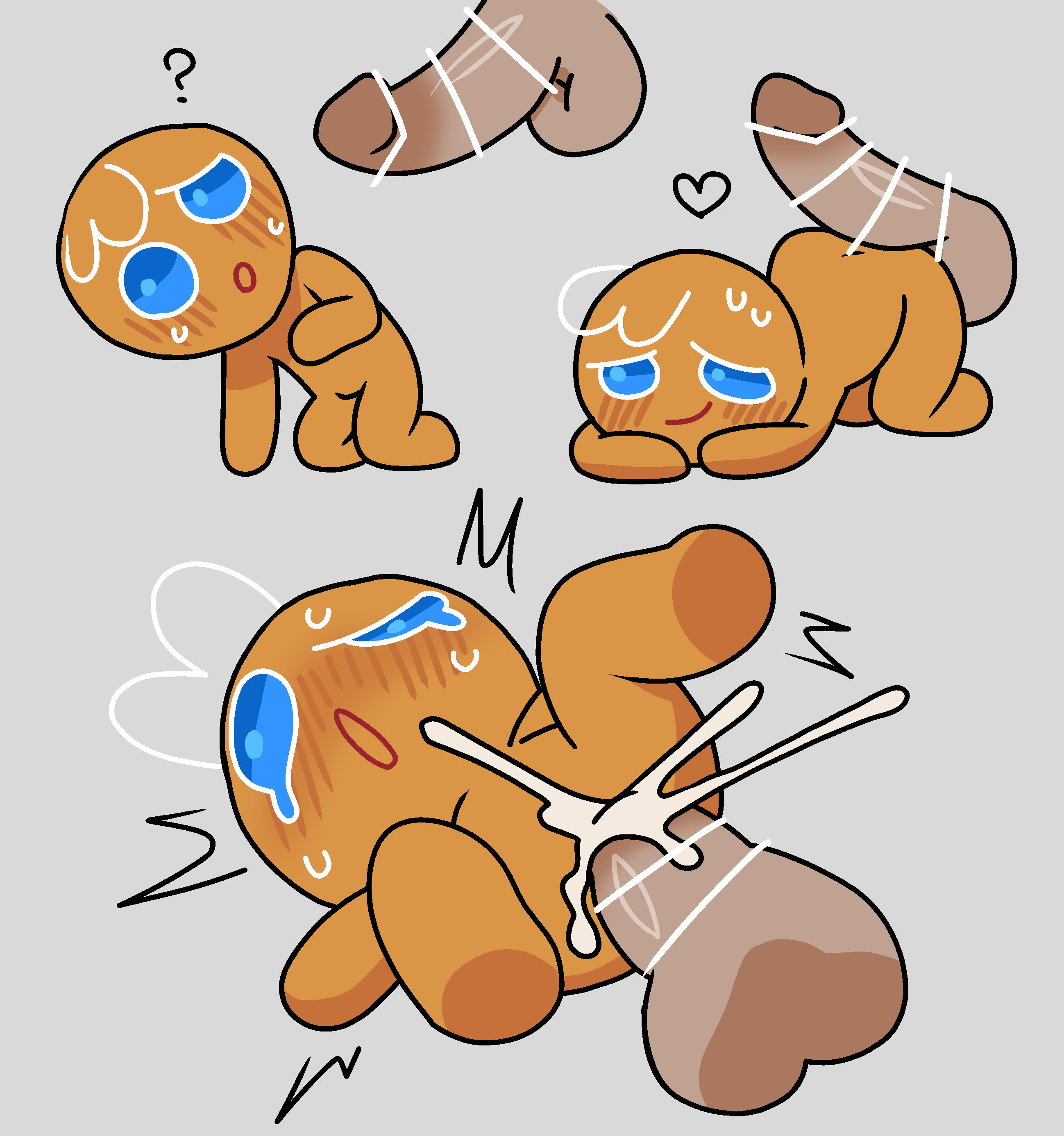 1boy, 1human, 1other, 2025, ambiguous gender, animate inanimate, ass, assjob, blue eyes, blush, blush lines, blushing at partner, brown body, buttjob, cookie, cookie run, cookie run kingdom, cookie run ovenbreak, cum, cum inside, gay, gingerbrave, gingerbread man, heart, hearts around head, hotdogging, human, humanoid genitalia, humanoid penis, looking at partner, looking at penis, male, male only, male/ambiguous, non-human, nude, nude male, penis, pleasure face, pov, pov penetration, question mark, riagaras, sweat, sweating, sweating male, sweaty, tagme, tears, tears of pleasure, what, white hair, yaoi