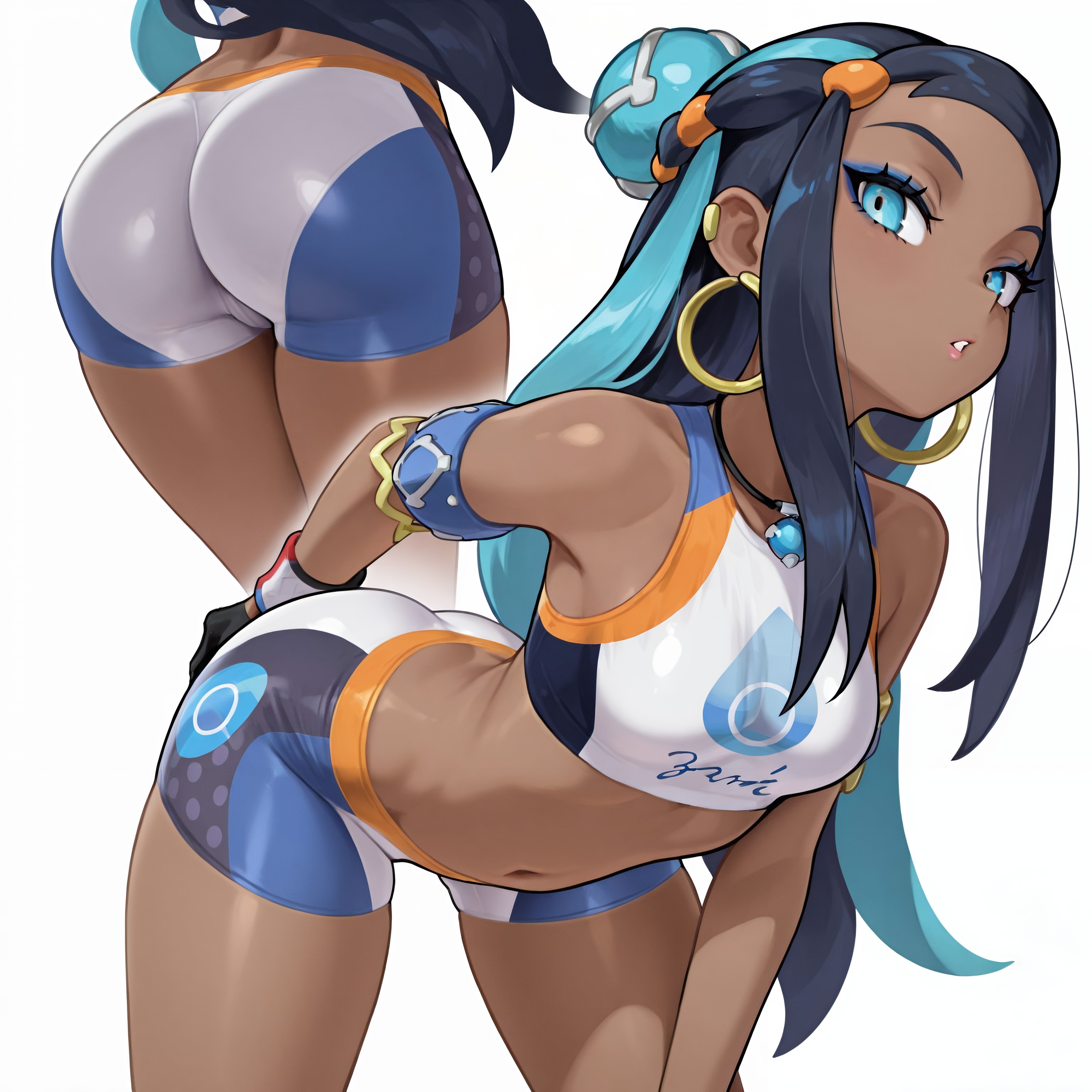 1girls, 2025, ai generated, armband, ass, belly button, big ass, big butt, black hair, blue armband, blue eyes, blue hair, blue highlights, breasts, clothed, clothing, crop top, cropped shirt, dark skin, dark-skinned female, different angles, ear piercing, earring, earrings, eyebrows, eyelashes, female, female focus, female only, fingerless gloves, game freak, gloves, gold earrings, gym clothing, gym leader, gym shorts, hair, hair accessory, hand on ass, hand on butt, human, human female, katalystnya, long hair, medium breasts, multicolored hair, navel, necklace, nessa (pokemon), nintendo, piercing, pokemon, pokemon (franchise), pokemon (game), pokemon (trainer), pokemon ss, pokemon sword & shield, pokemon swsh, pokemon trainer, pony diffusion (model), pony diffusion xl, rear view, rurina (pokemon), short shorts, shorts, simple background, single glove, solo, solo female, solo focus, stable diffusion, sweat, swimsuit, thick thighs, thighs, tight clothes, tight clothing, tight shorts, two-tone hair, video game character, video games, white background, wide hips