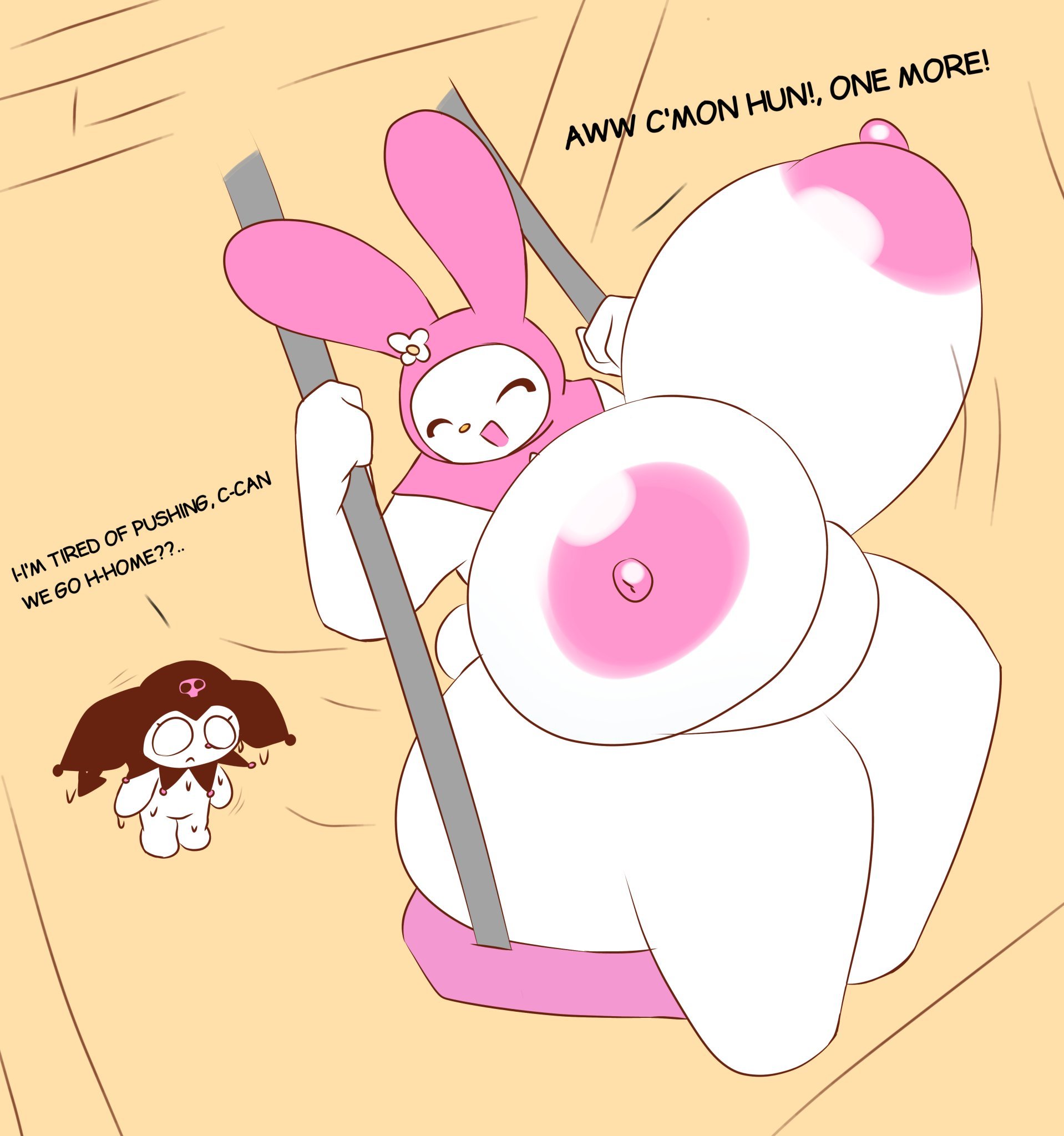 2girls, big breasts, black hood, breasts, breasts bigger than head, bunny, bunny girl, completely naked, completely nude, dialogue, exhausted, exhausted female, female, female focus, female only, flat chest, flat chested, flower, flower on head, furry, happy, happy female, hood, huge breasts, hyper breasts, kuromi, my melody, naked, no sex, nude, nude female, onegai my melody, pink hood, rabbit, rabbit ears, rabbit girl, sanrio, shortstack, size difference, smile, smiling, smiling at partner, sweat, sweatdrop, sweating, sweaty, swing set, swinging, swingset, tha randomu, tired, trandomu, white body, white fur