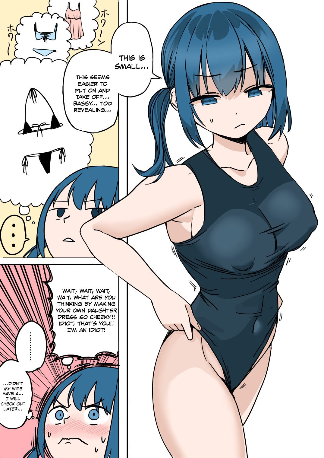 blue hair, body swap, breasts, fanart, father and daughter, female, school swimsuit, swimsuit