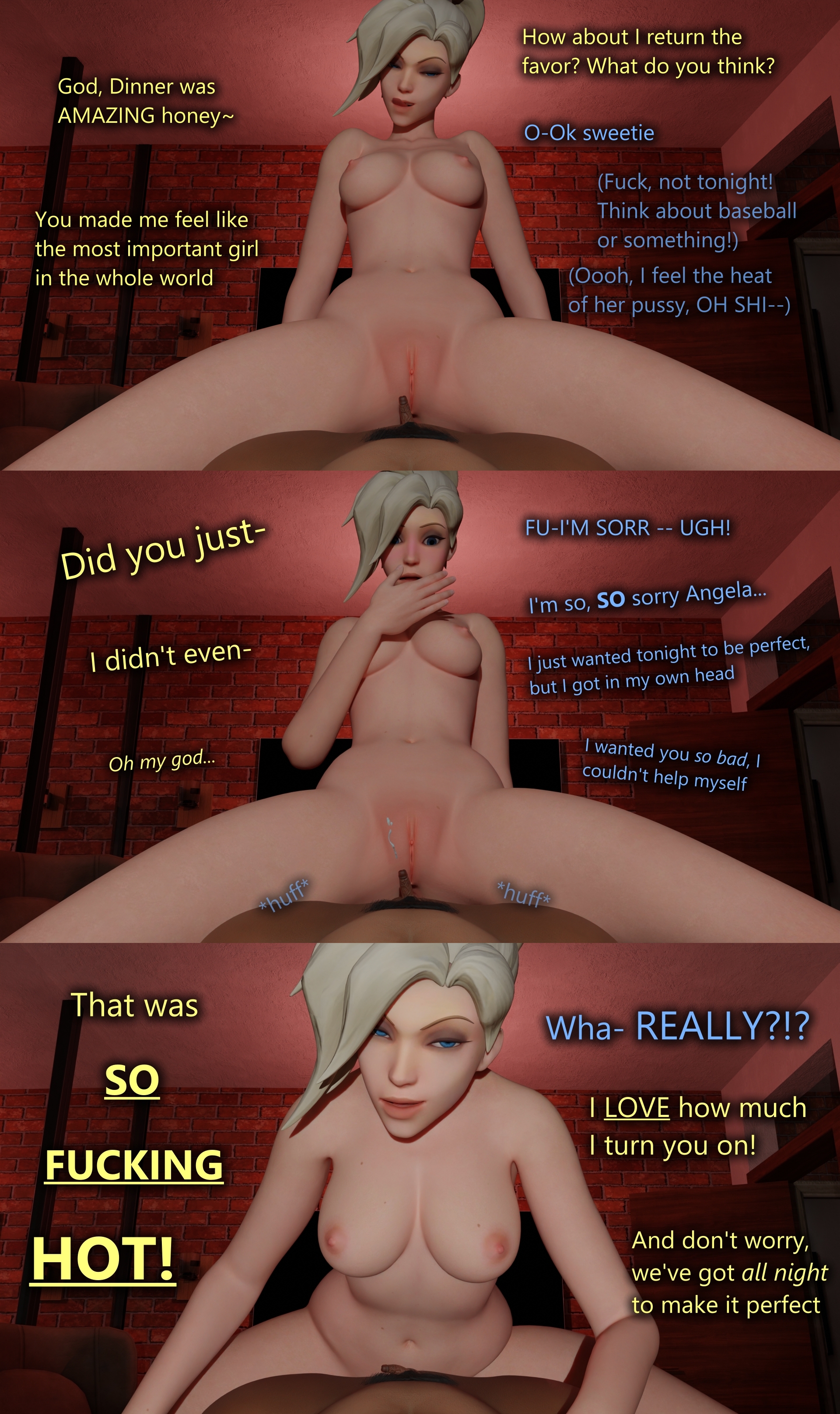 1boy, 1girls, 3d, blonde hair, blue eyes, breasts, cowgirl position, cum, dark-skinned male, dialogue, english text, handsfree ejaculation, male pov, mercy, micropenis, milf, overwatch, overwatch 2, pale-skinned female, penis, pov, premature ejaculation, premature ejaculation adoration, sex, shocked expression, small penis, small penis adoration, text, throwingblue, tiny penis, unwanted ejaculation, weak ejaculation