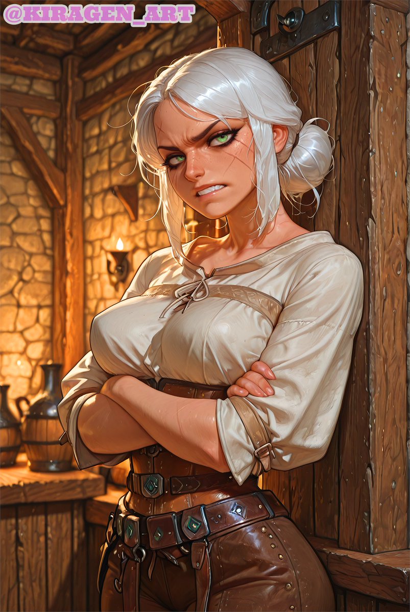 ai_generated angry angry_face breasts cd_projekt_red ciri clenched_teeth clothing female green_eyes kiragen_art light-skinned_female looking_at_viewer mascara scar solo solo_female tavern the_witcher_(series) the_witcher_3:_wild_hunt white_hair