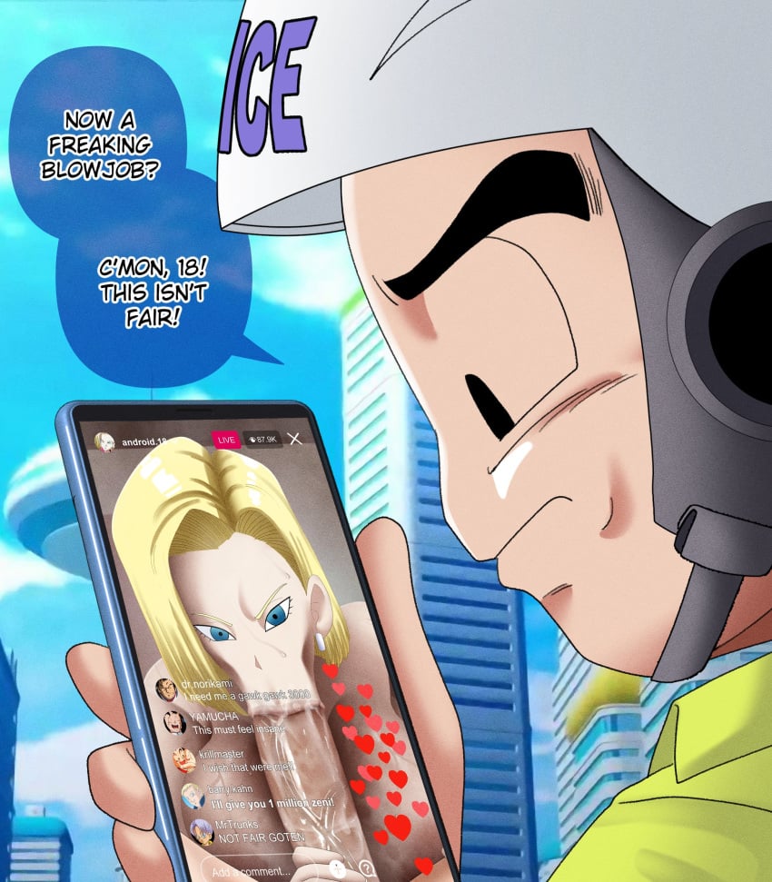 android, android 18, blowjob, bullying, cuckold, doompypomp, dragon ball, dragon ball z, female, krillin, kuririn, robot, robot girl, son goten